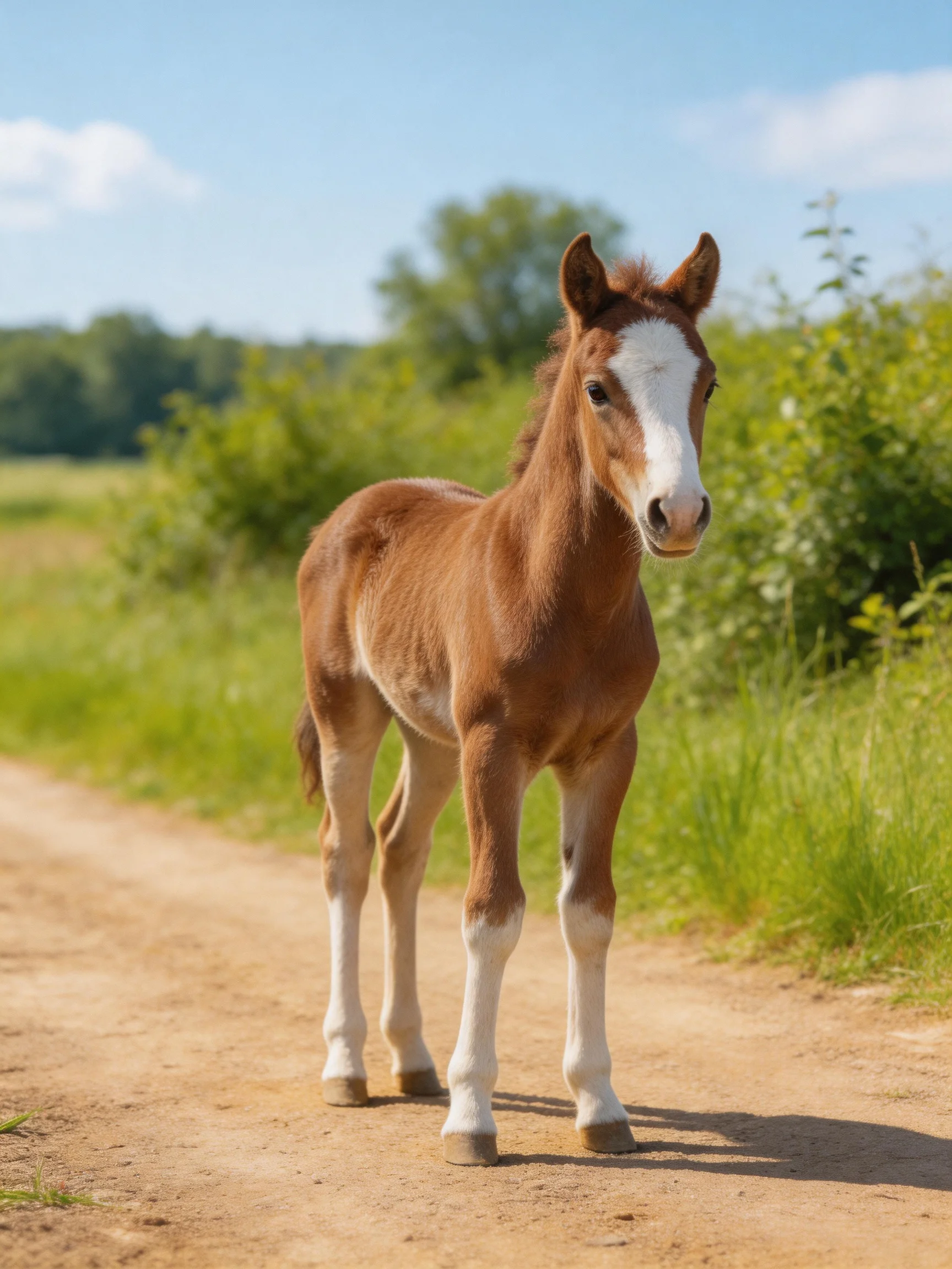 A young brown foal stands on a dirt path amid lush greenery