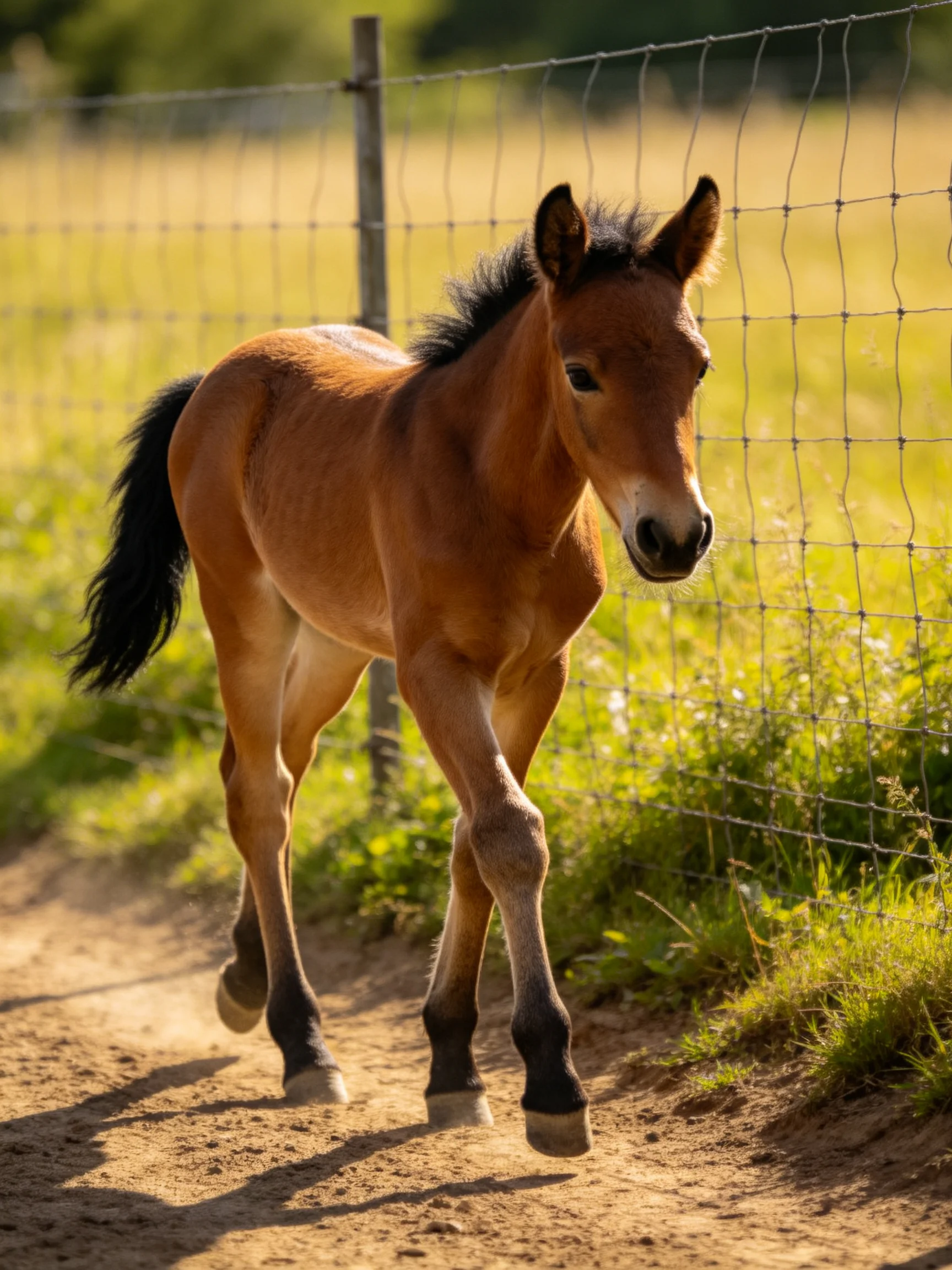 A young brown foal trotting along a wire fence in a sunlit pasture