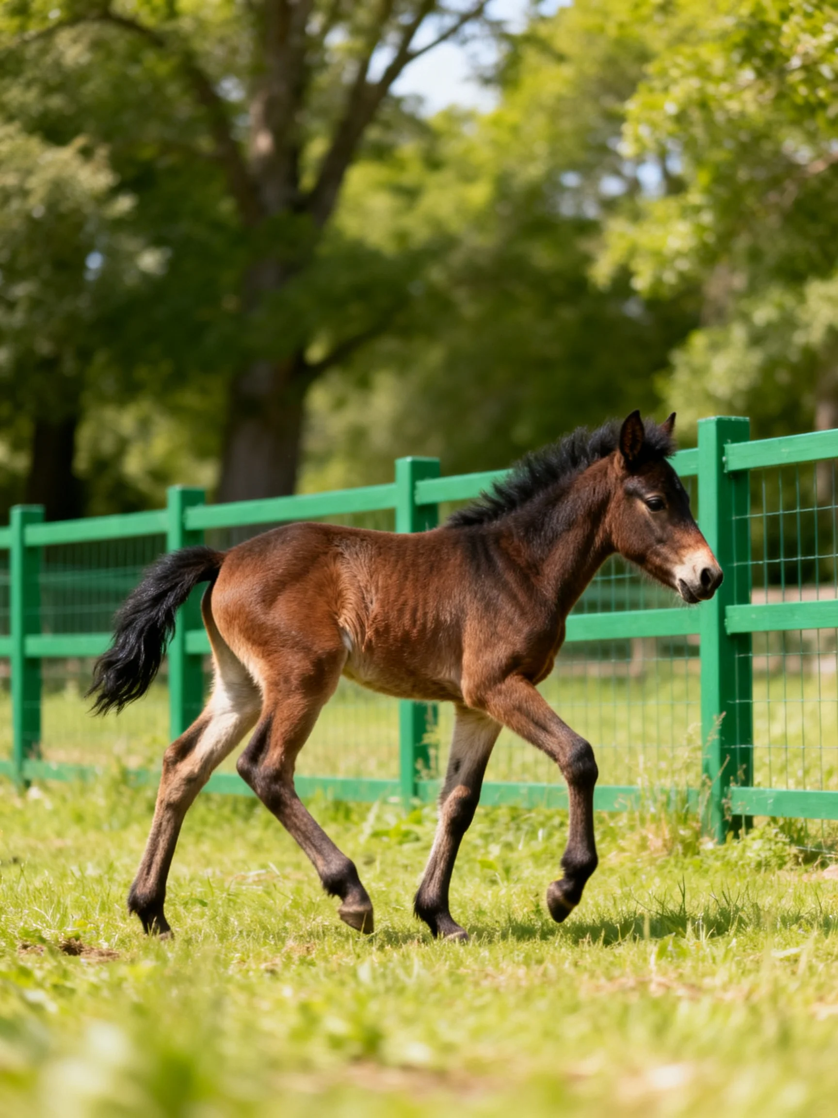 A young brown foal trotting near a bright green fence in a sunny pasture