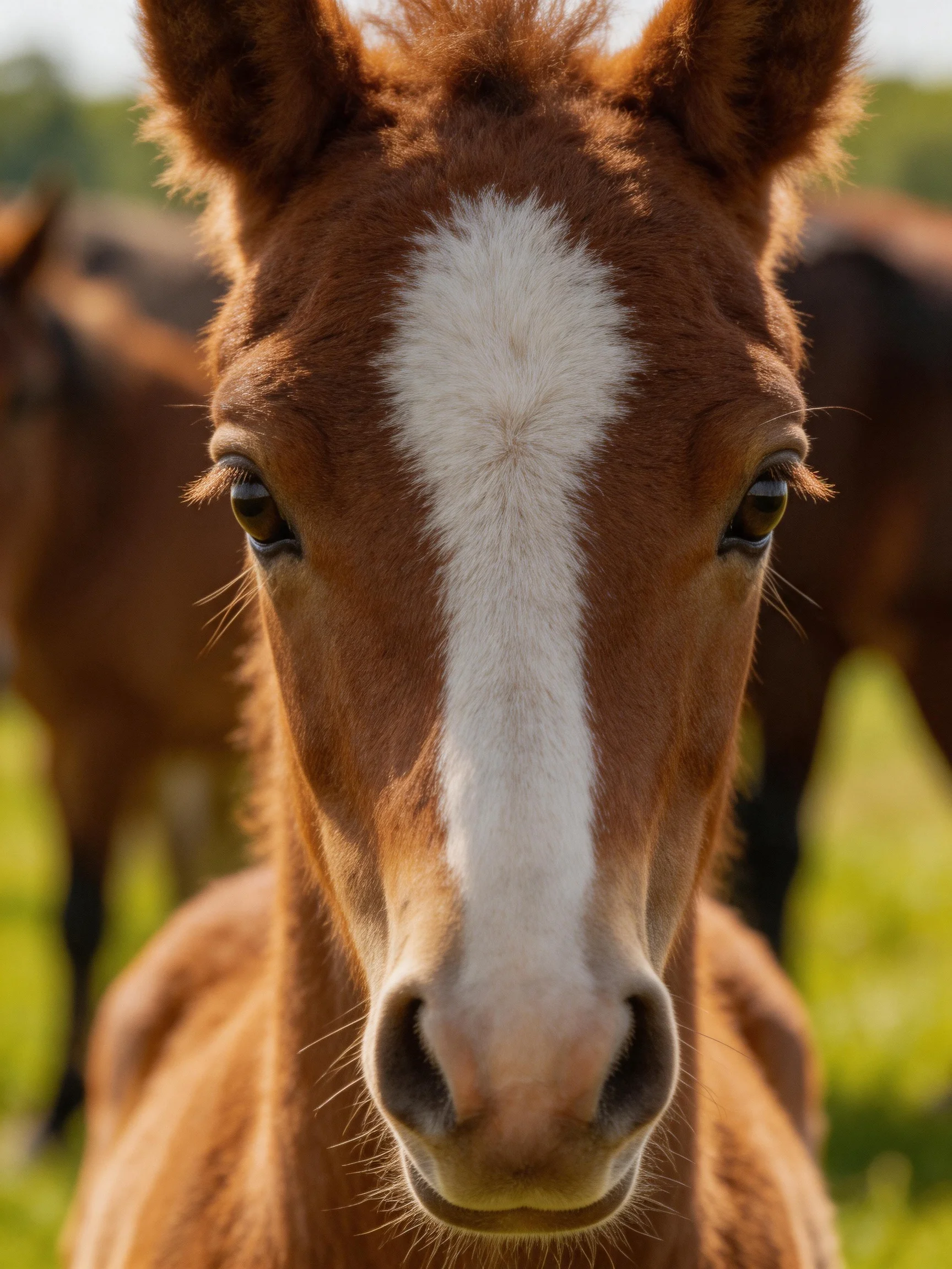 A young brown foal with a bold white blaze in a sunlit pasture