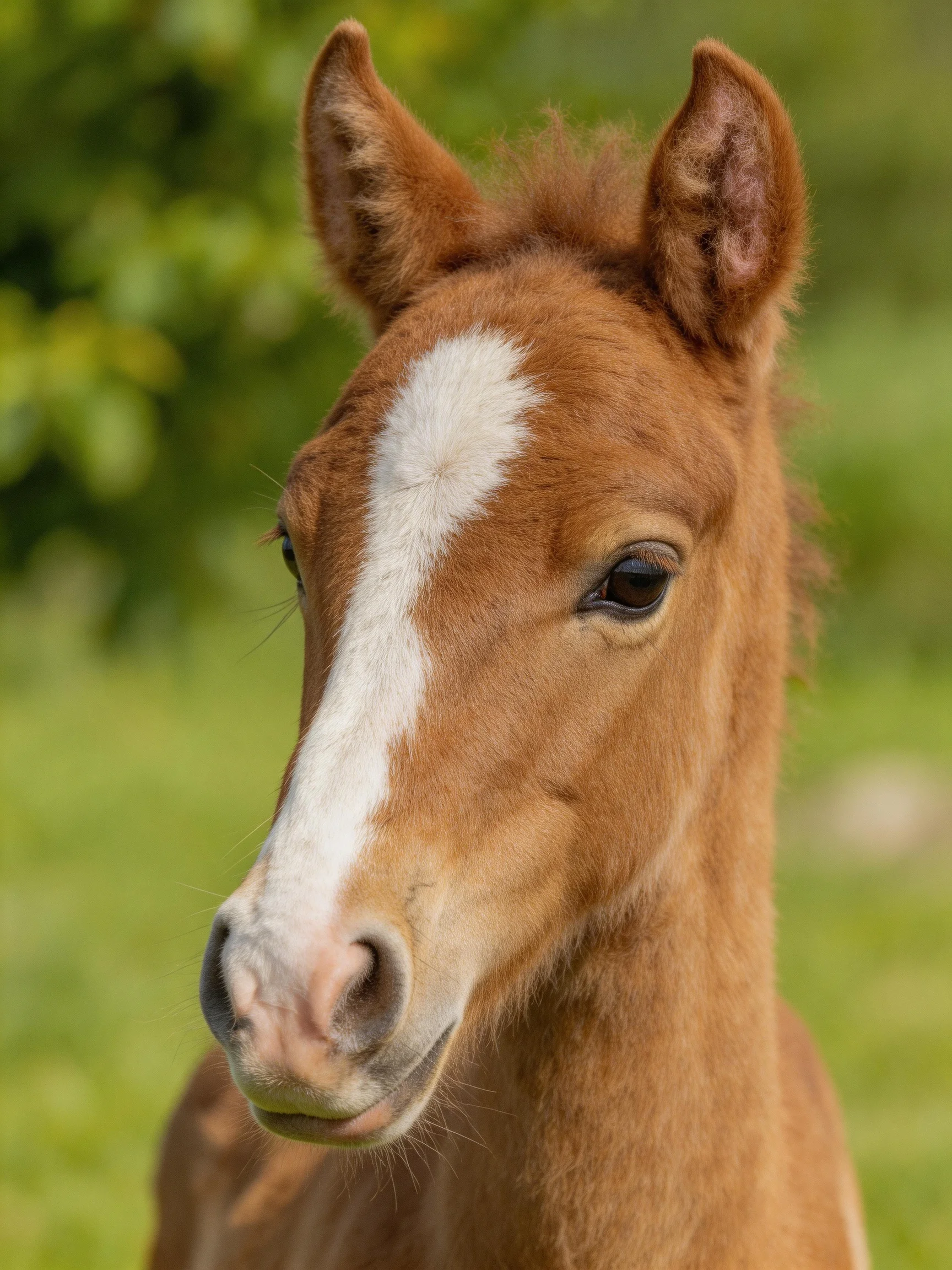 A young brown foal with a distinct white stripe