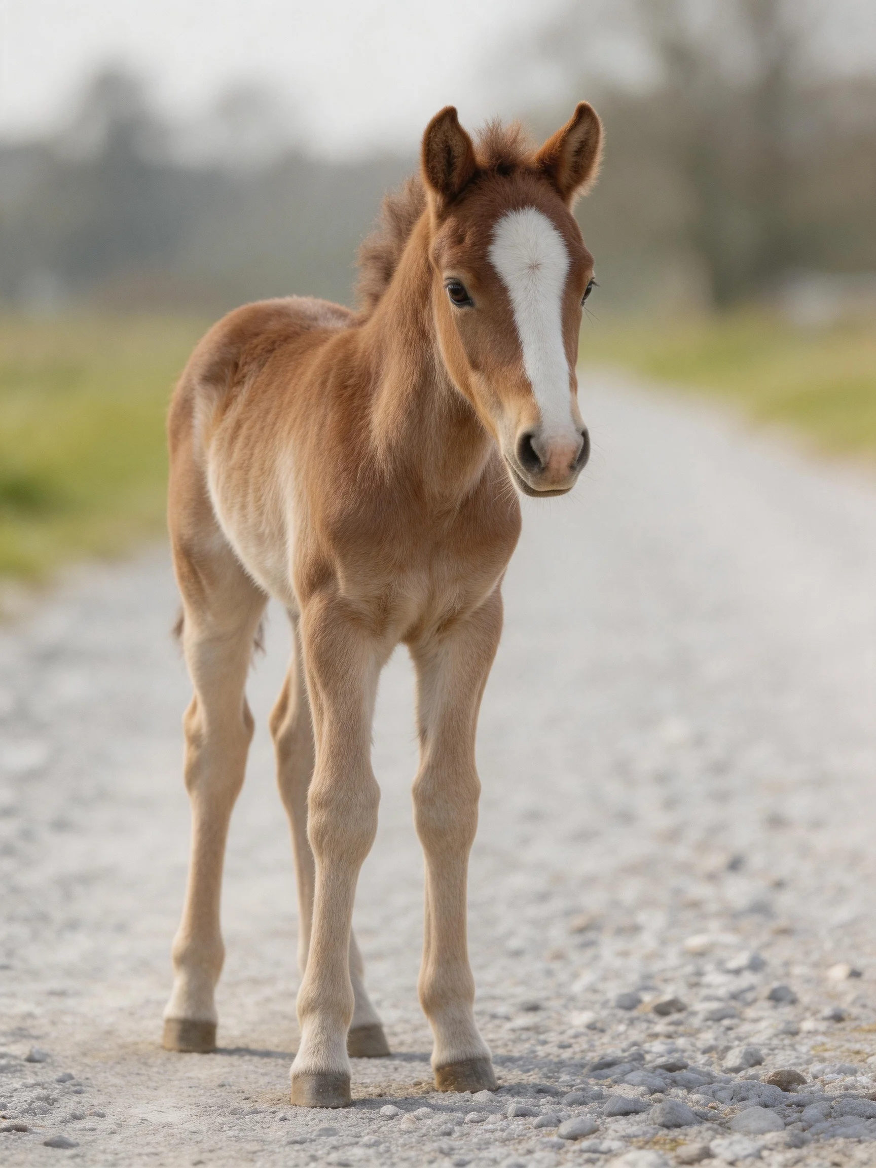 A young brown foal with a white blaze on a gravel path