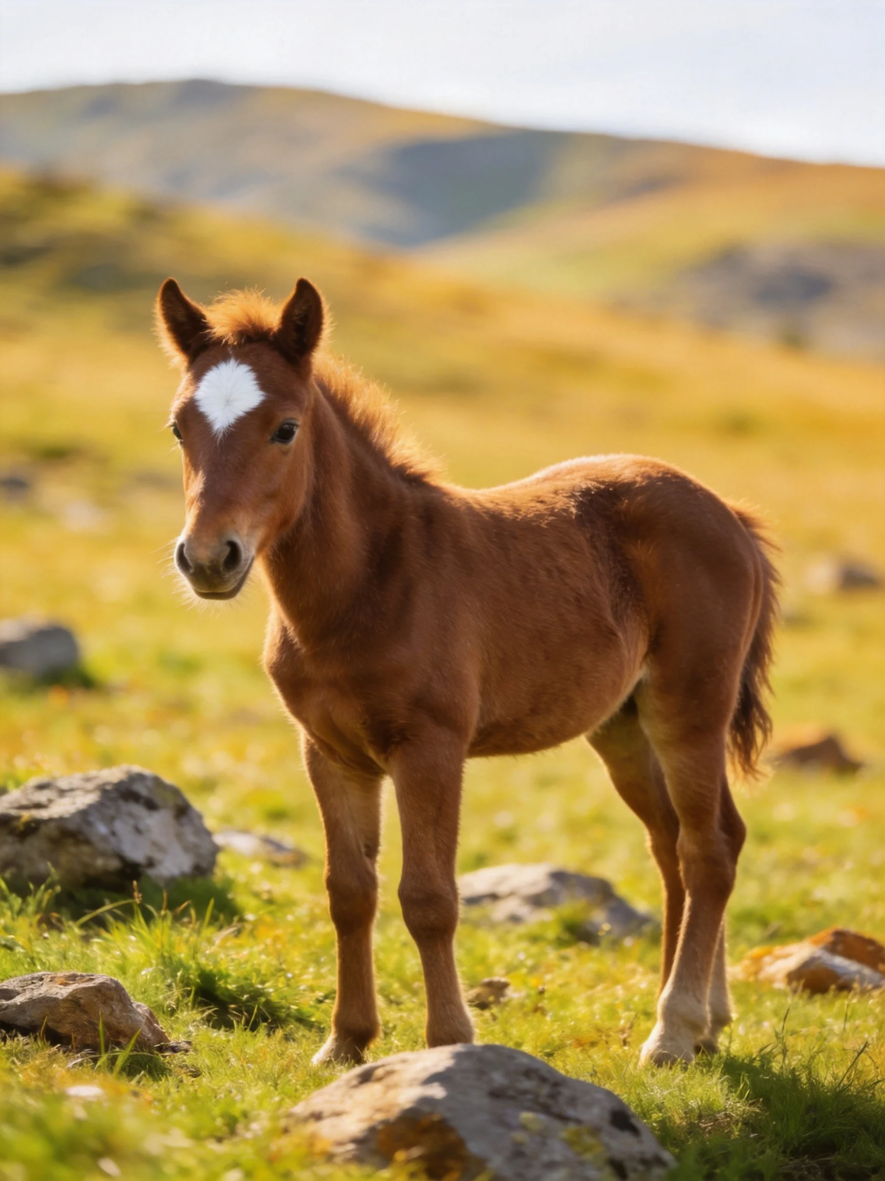 A young brown foal with a white blaze stands in a sunlit rocky meadow.