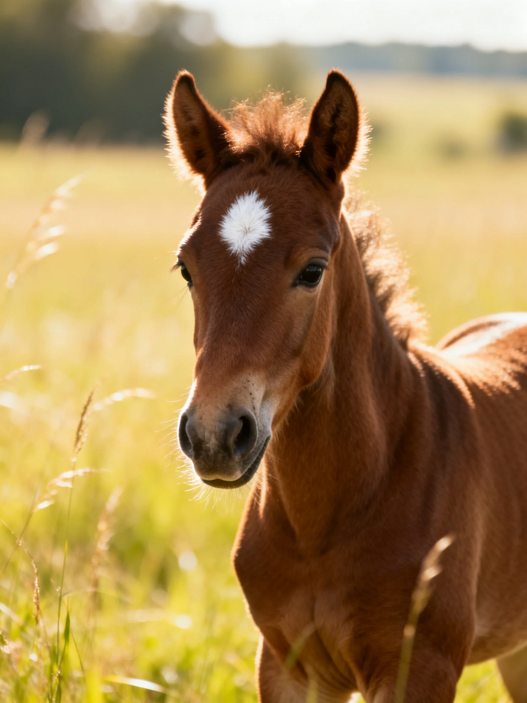 A young brown foal with a white forehead marking in a sunlit meadow