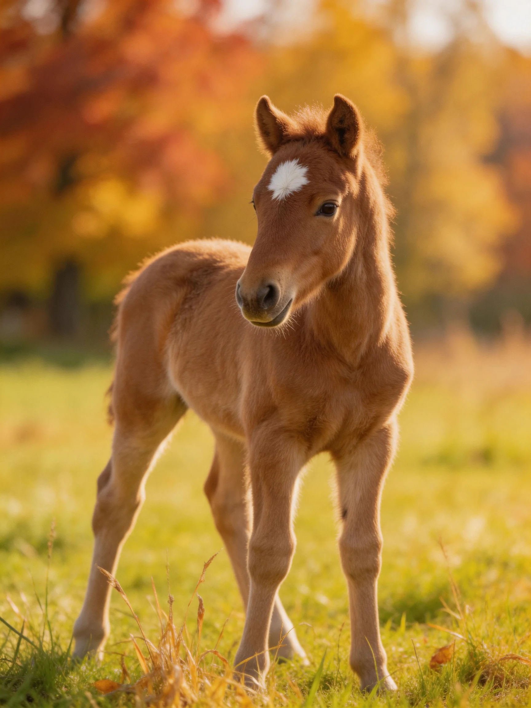 A young brown foal with a white mark stands in a sunlit autumn meadow