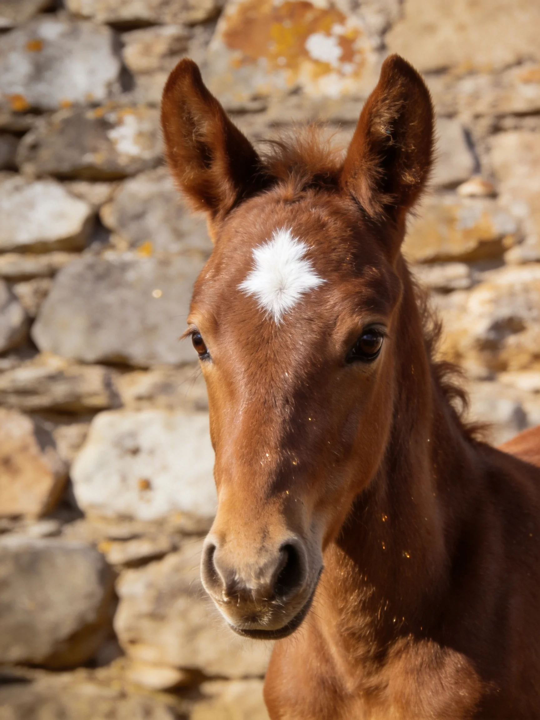 A young brown foal with a white star marking near an aged stone wall