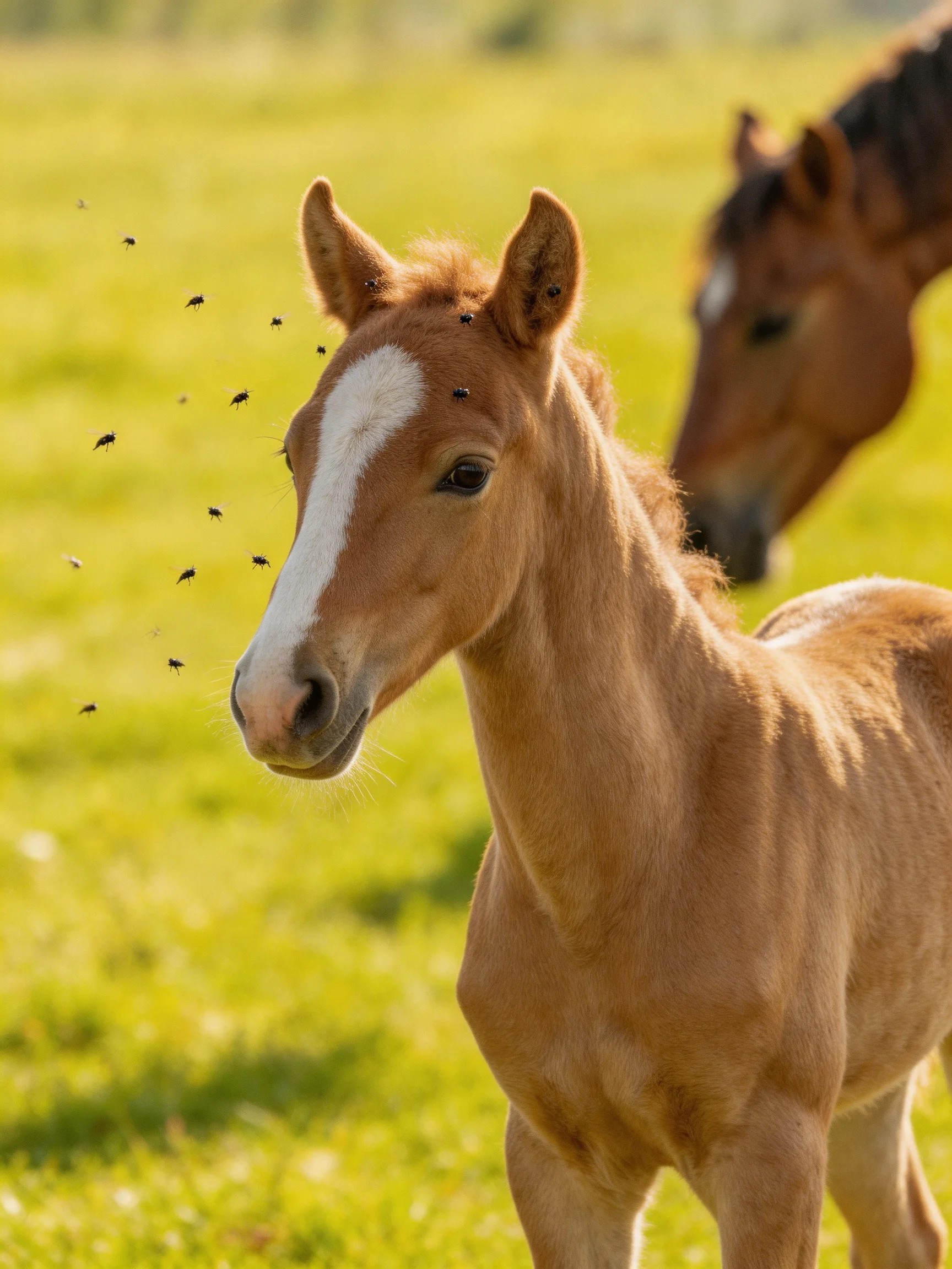 A young brown foal with a white stripe stands near an adult horse in a sunlit green meadow
