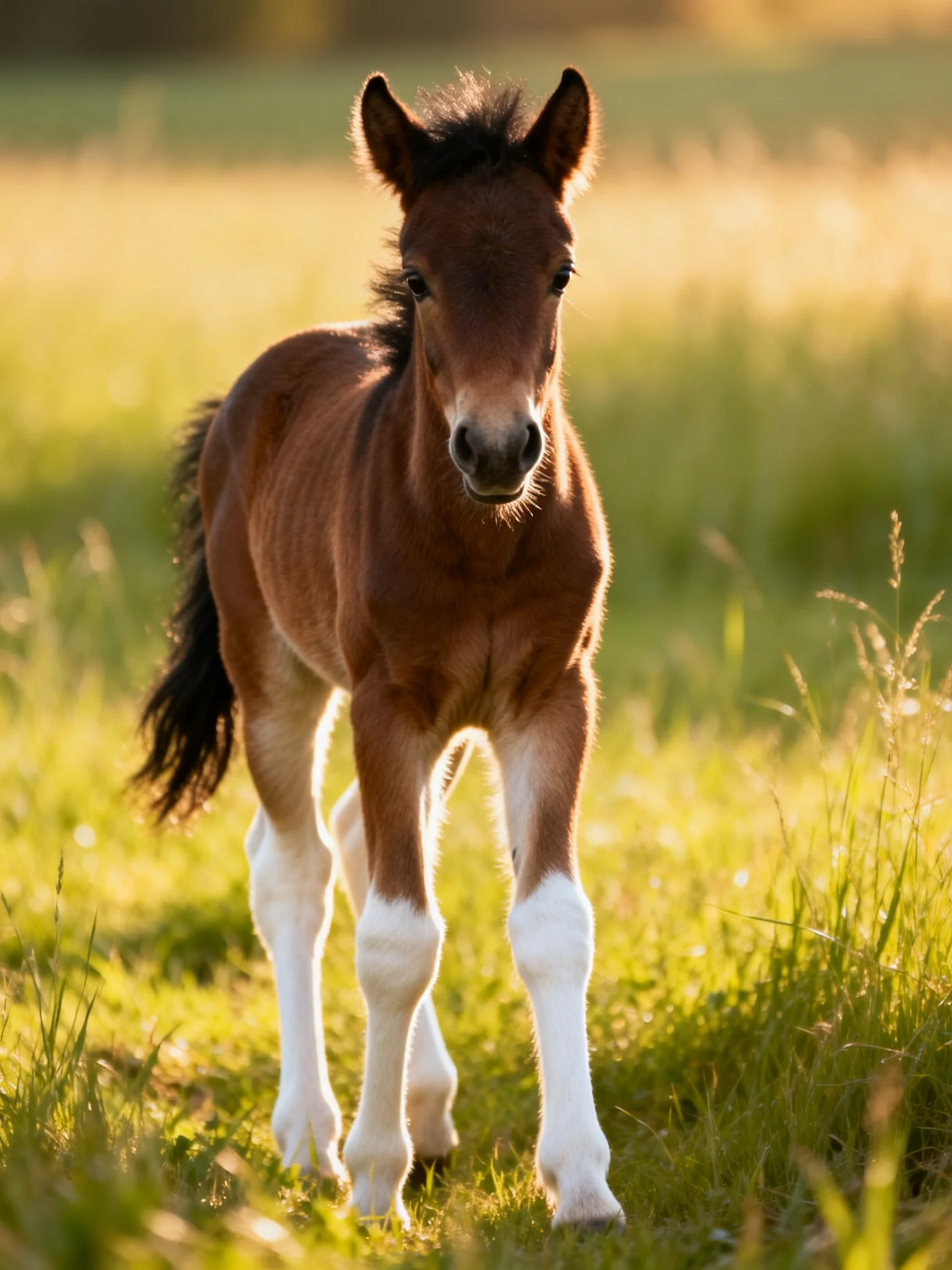A young brown foal with white legs in a sunlit meadow