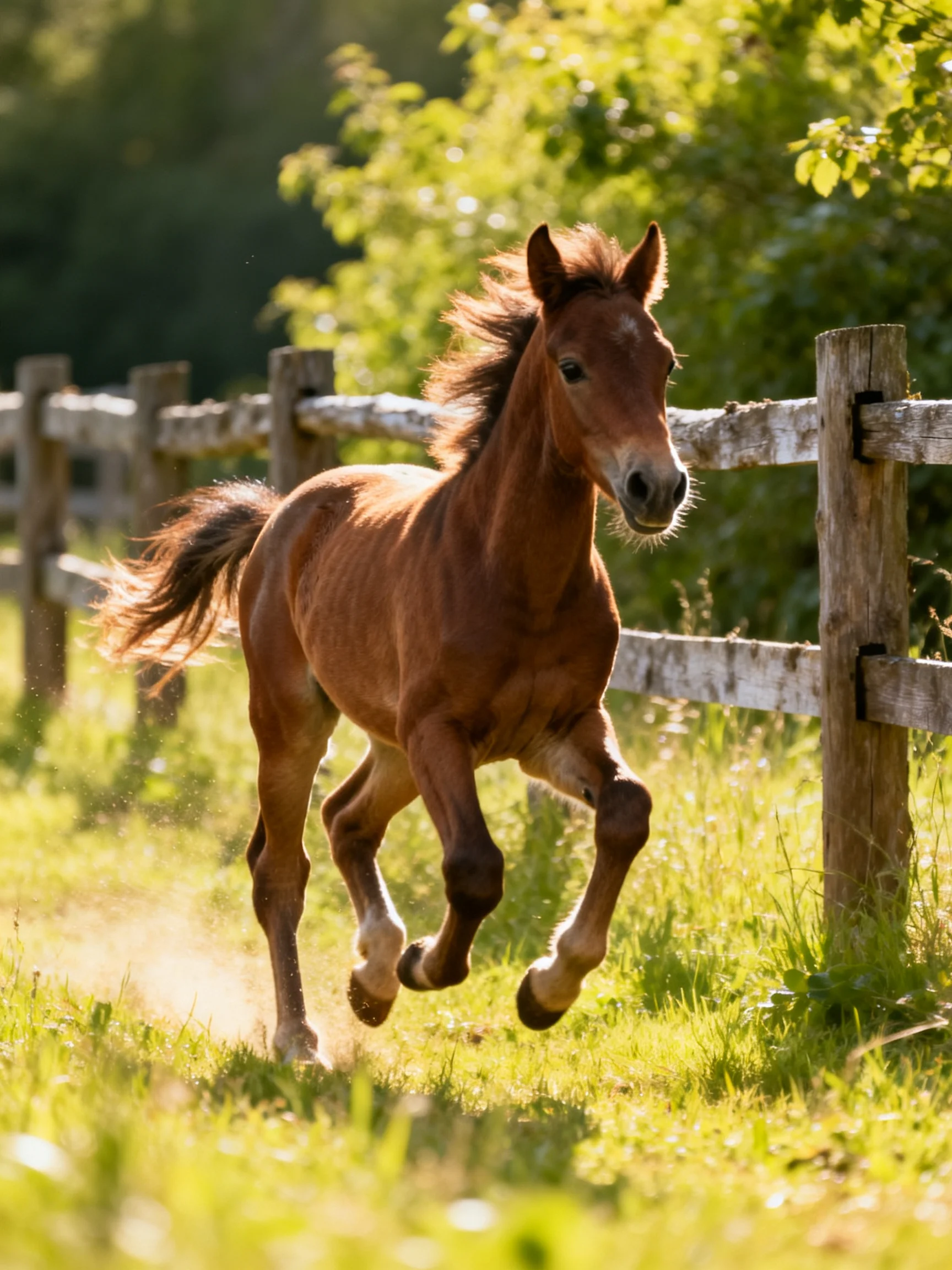 A young chestnut foal galloping near a weathered wooden fence