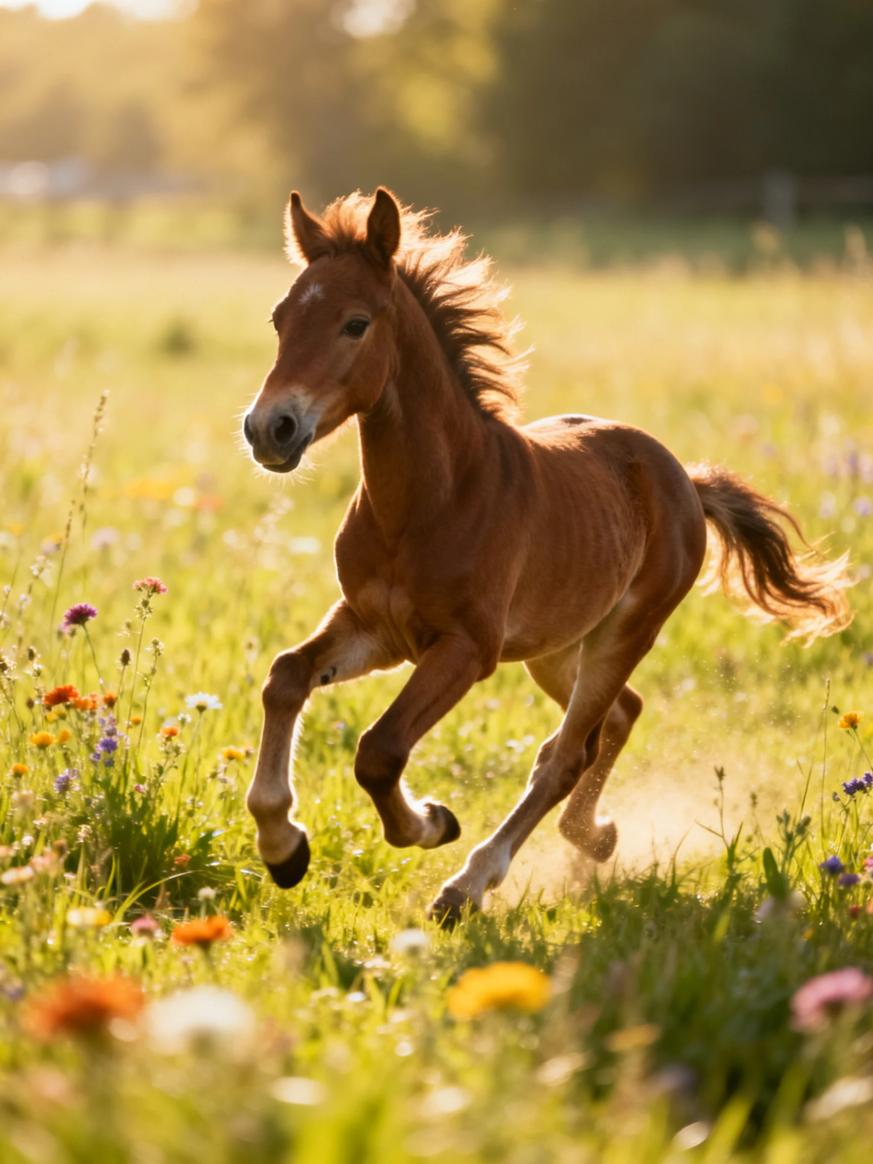 A young chestnut foal galloping through a flower-filled meadow