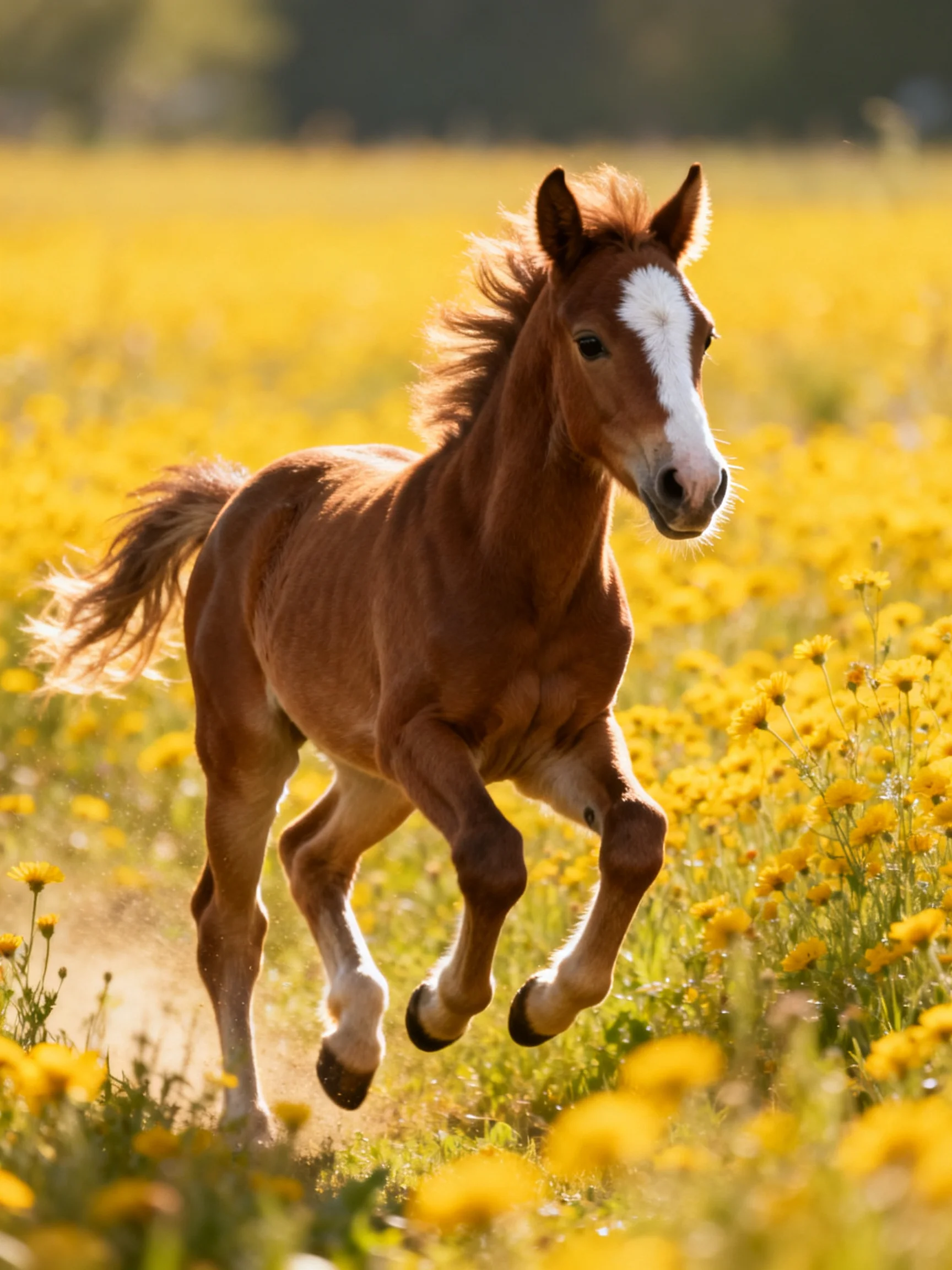 A young chestnut foal galloping through a sea of golden wildflowers