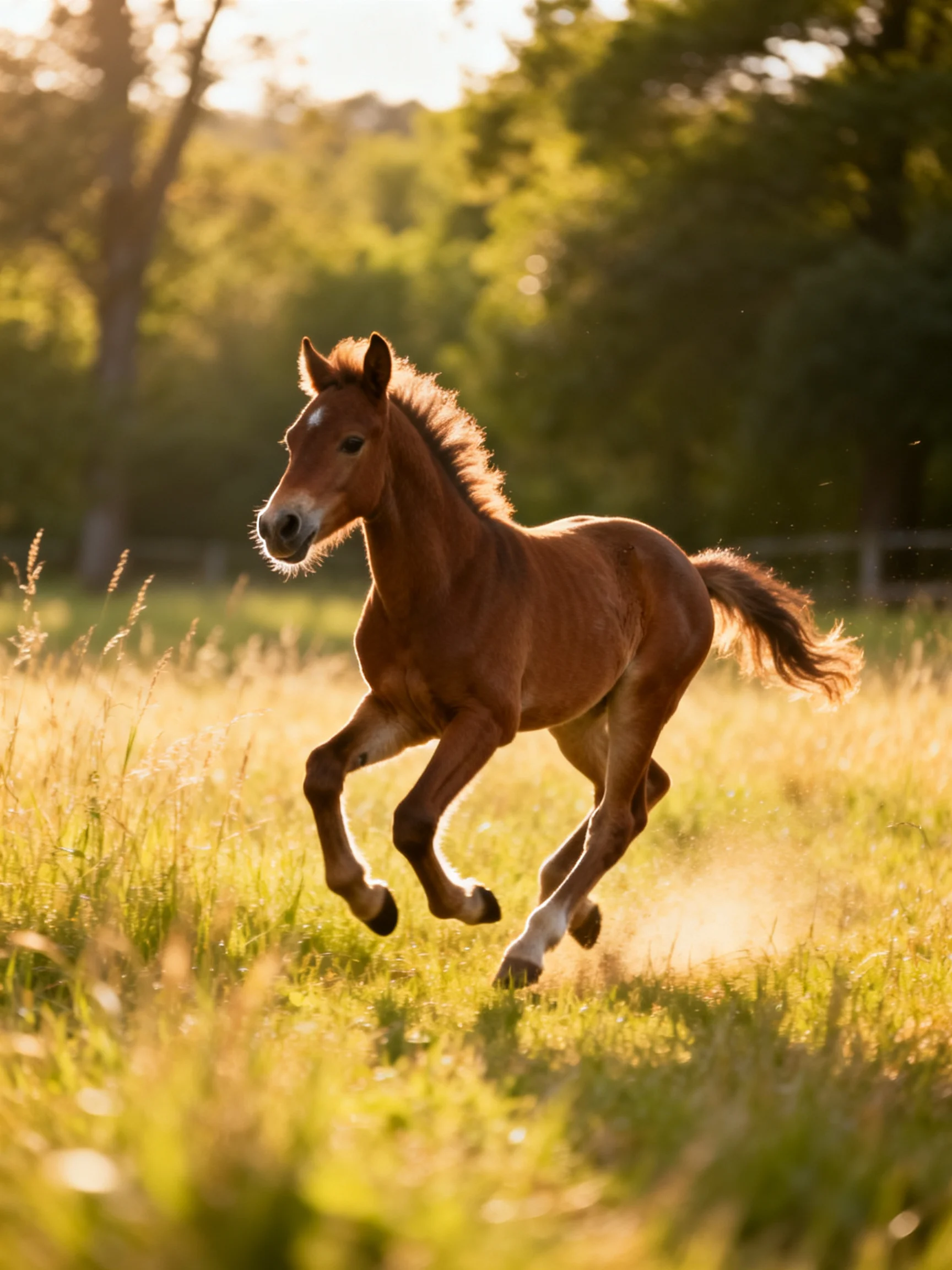 A young chestnut foal galloping through a sunlit meadow