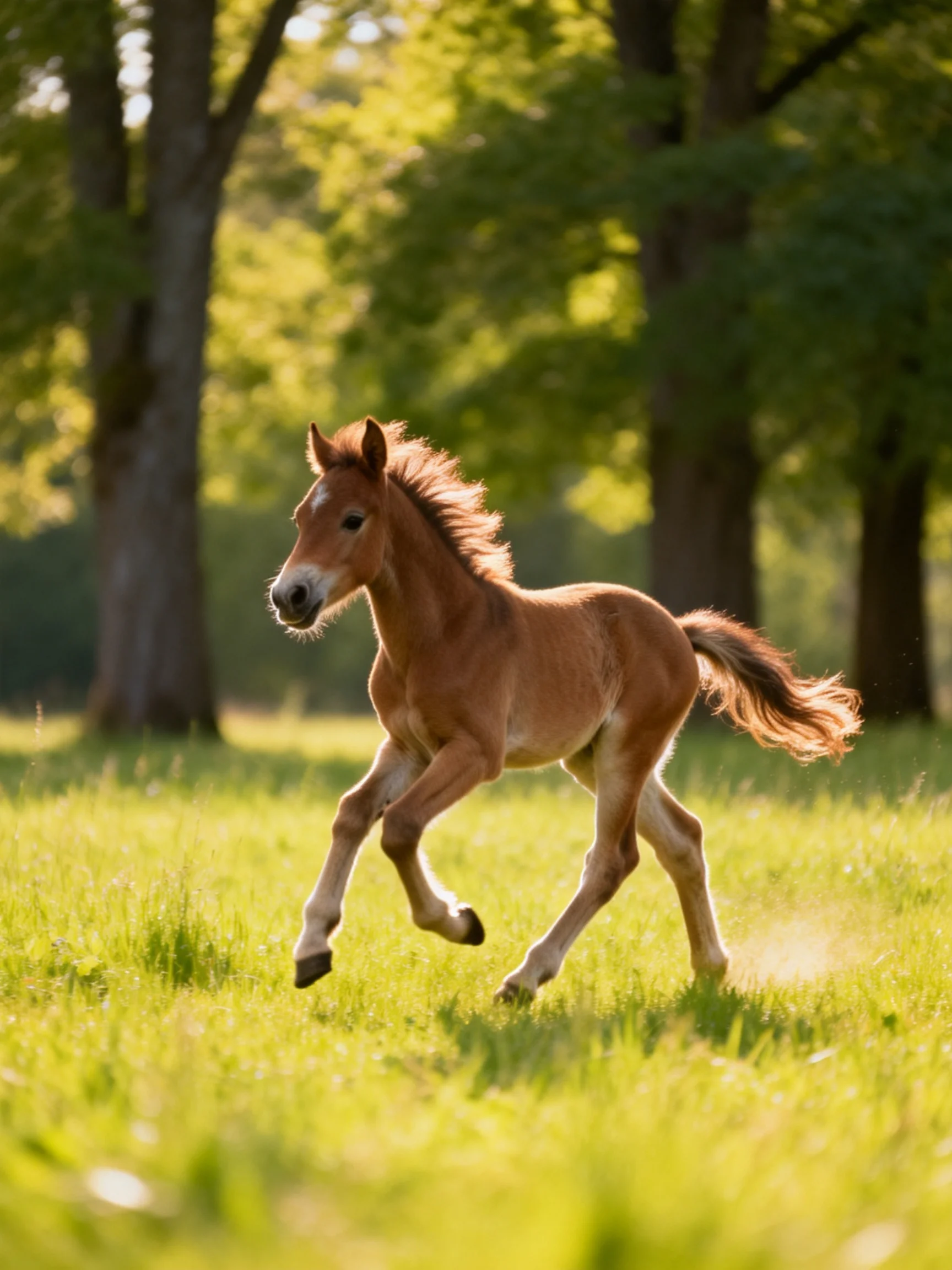 A young chestnut foal gallops through a sunlit green meadow with tall trees