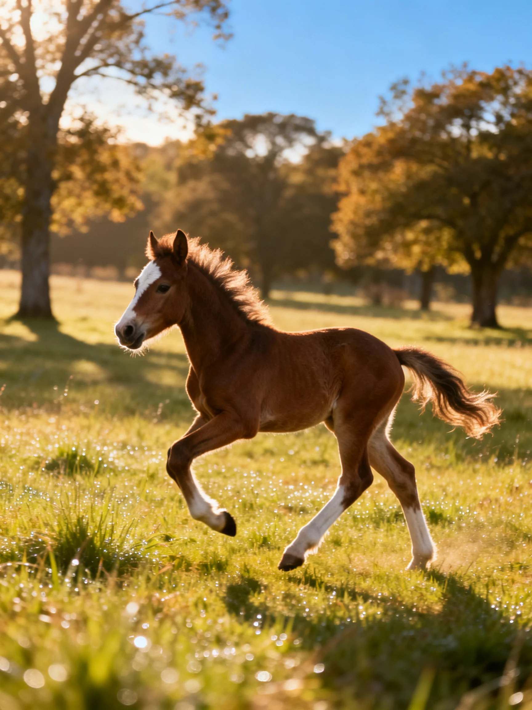 A young chestnut foal gallops through a sunlit meadow