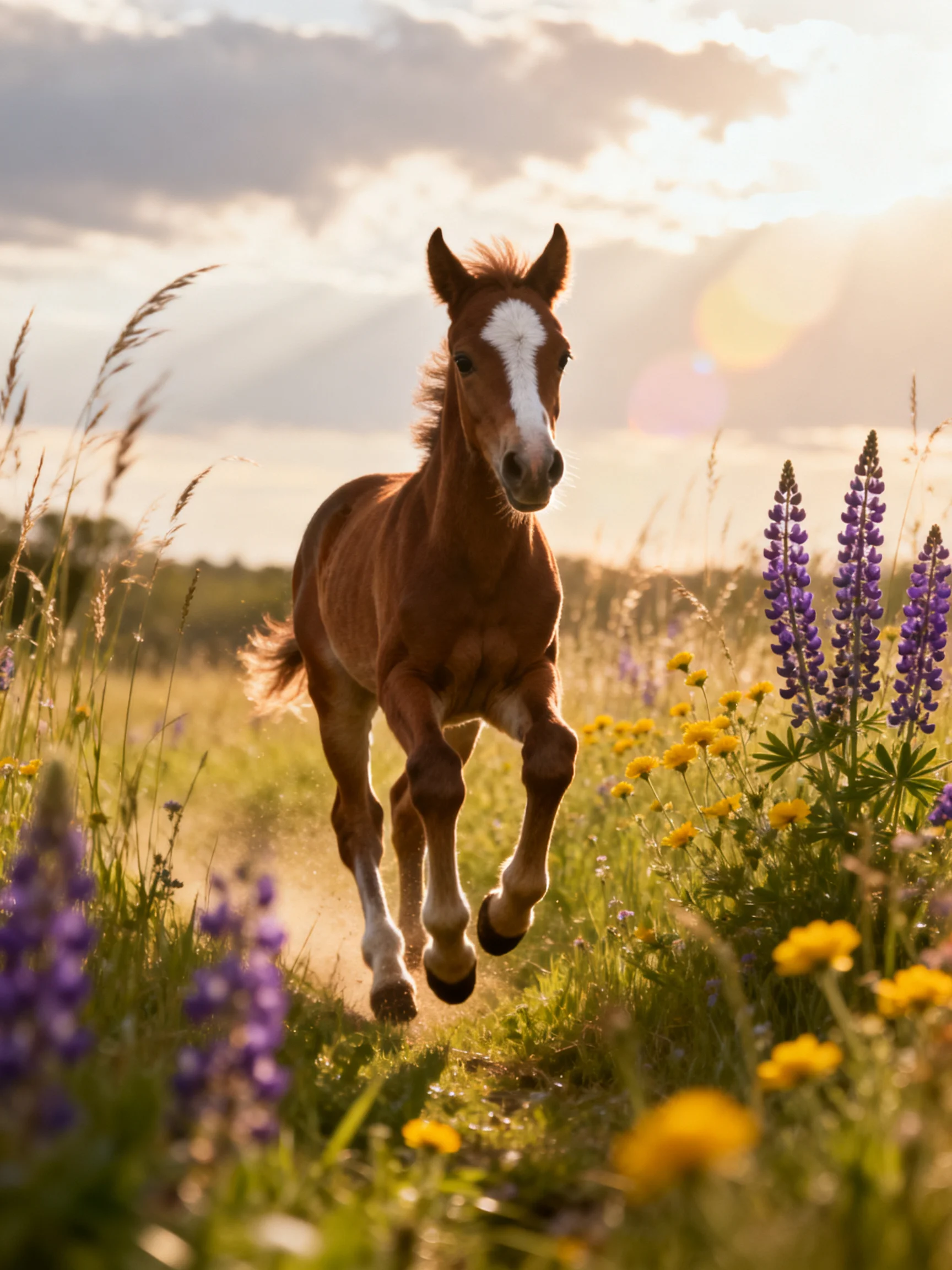 A young chestnut foal runs ener a colorful wildflower meadow at sunset.