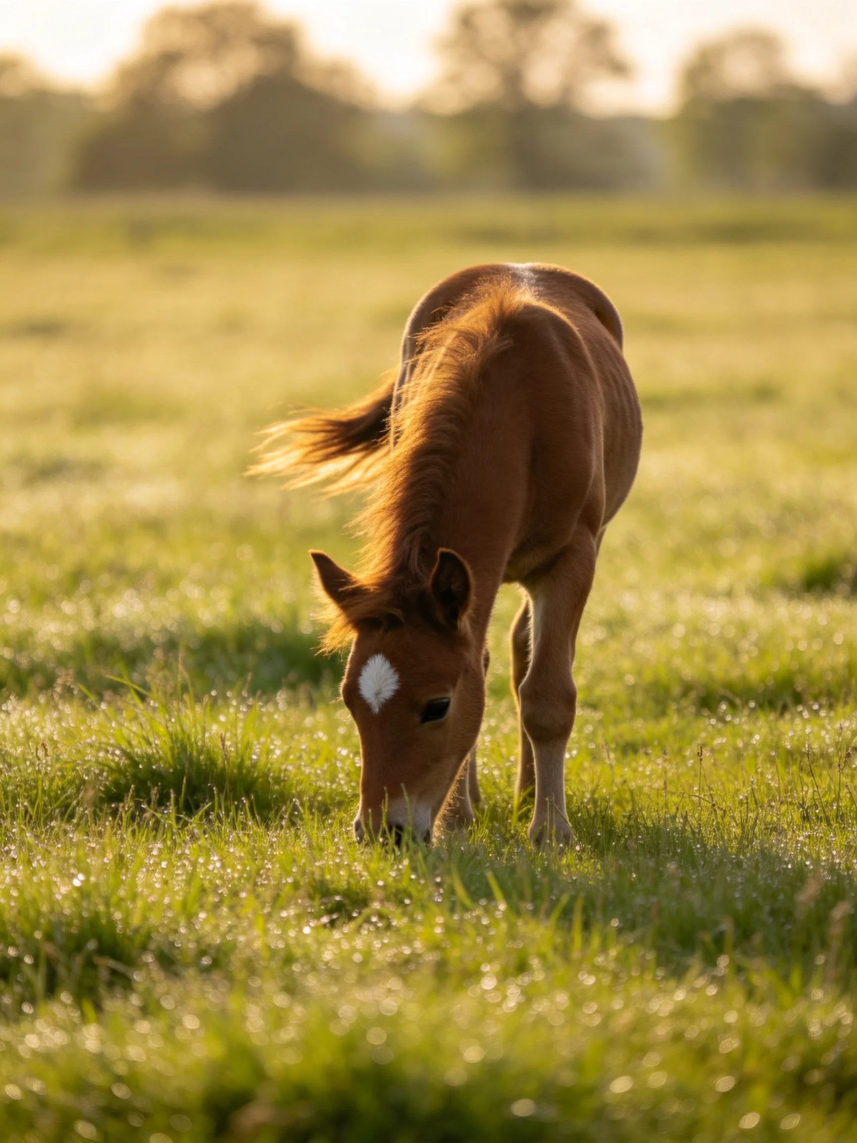 A young chestnut foal grazes in a sunlit green meadow.