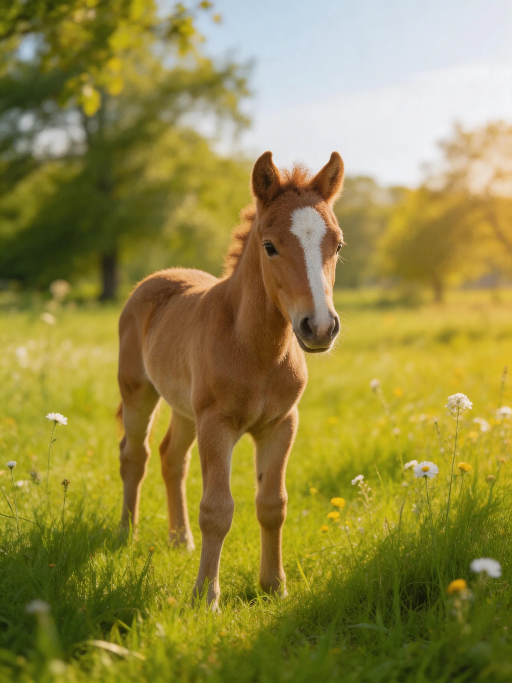A young chestnut foal in a sunlit flower-filled meadow