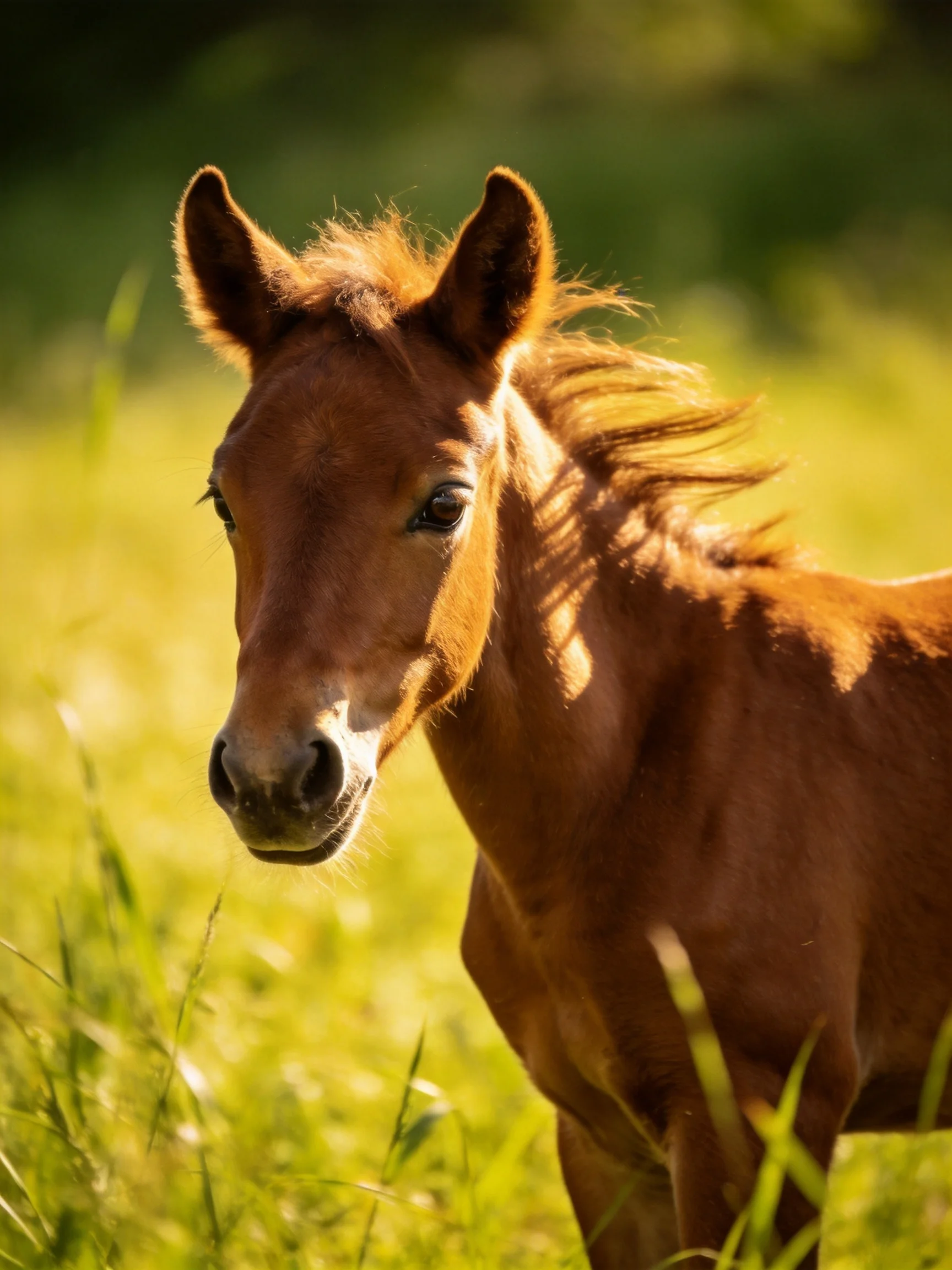 A young chestnut foal in a sunlit green meadow