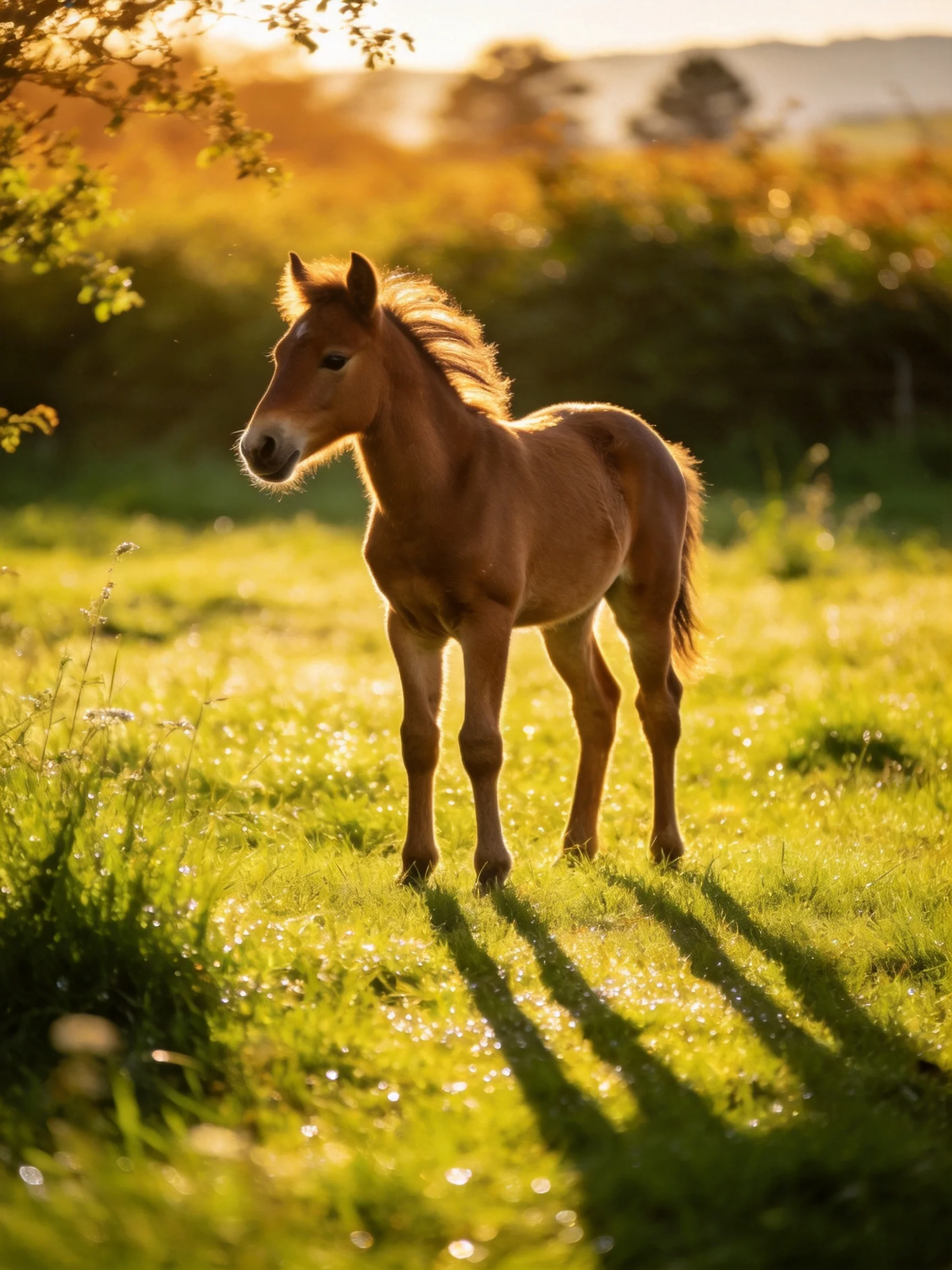 A young foal stands in a sunlit meadow.