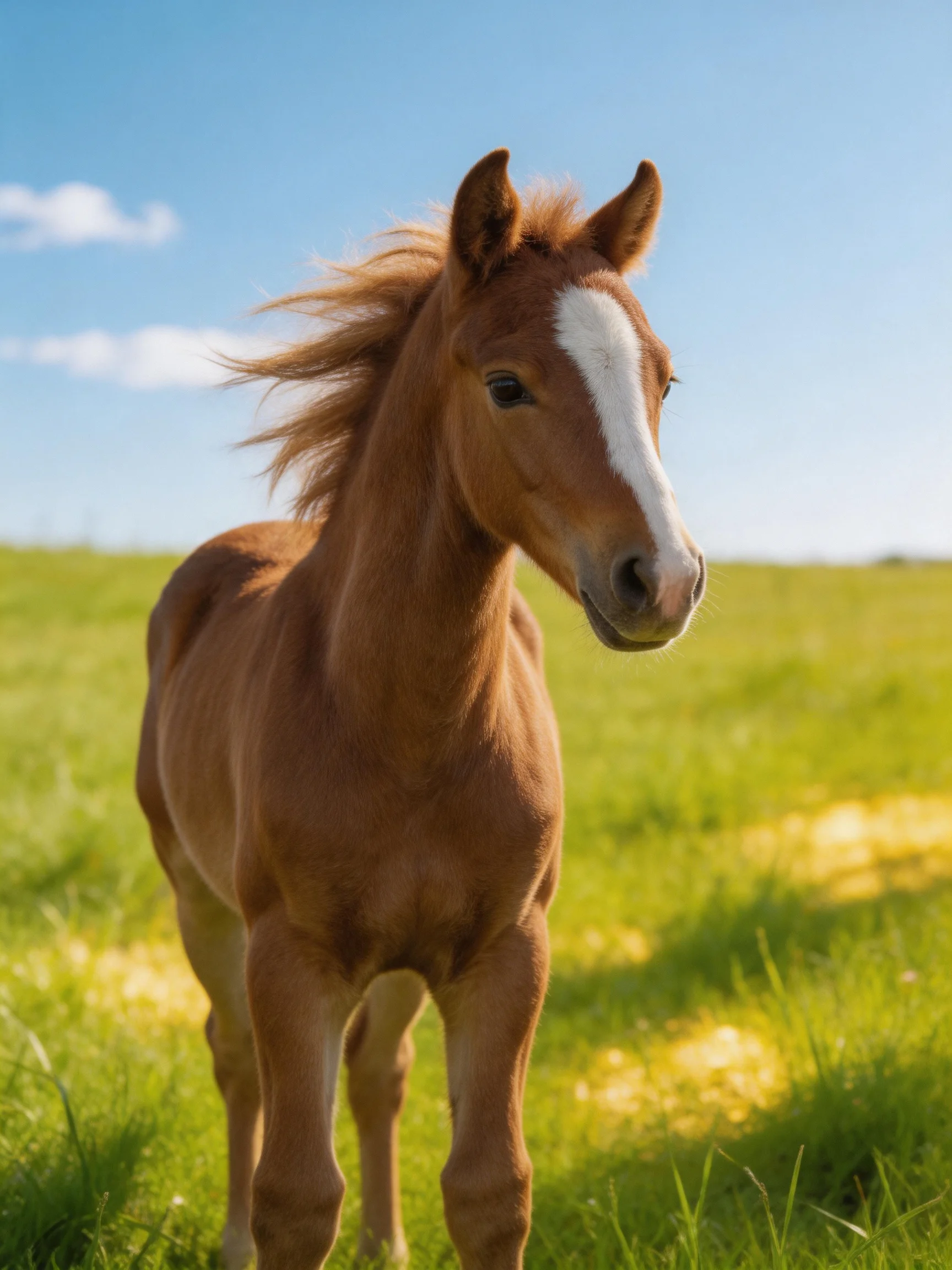 A young chestnut foal in a sunlit green meadow under a clear blue sky
