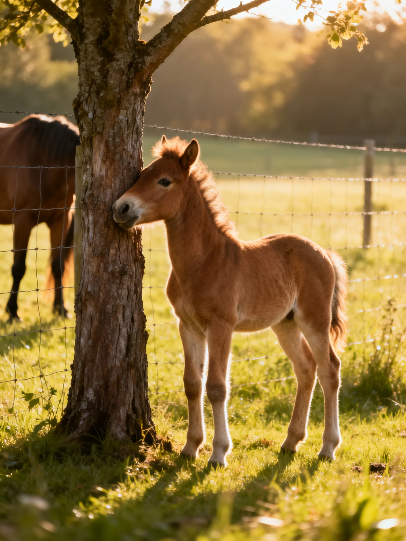 A young chestnut foal nuzzles a tree in a sunlit pasture