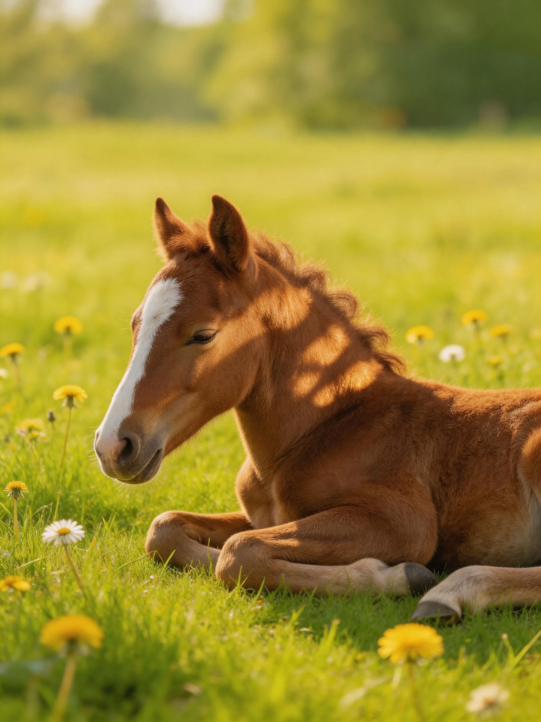 A young chestnut foal rests amid yellow dandelions in a sunlit meadow