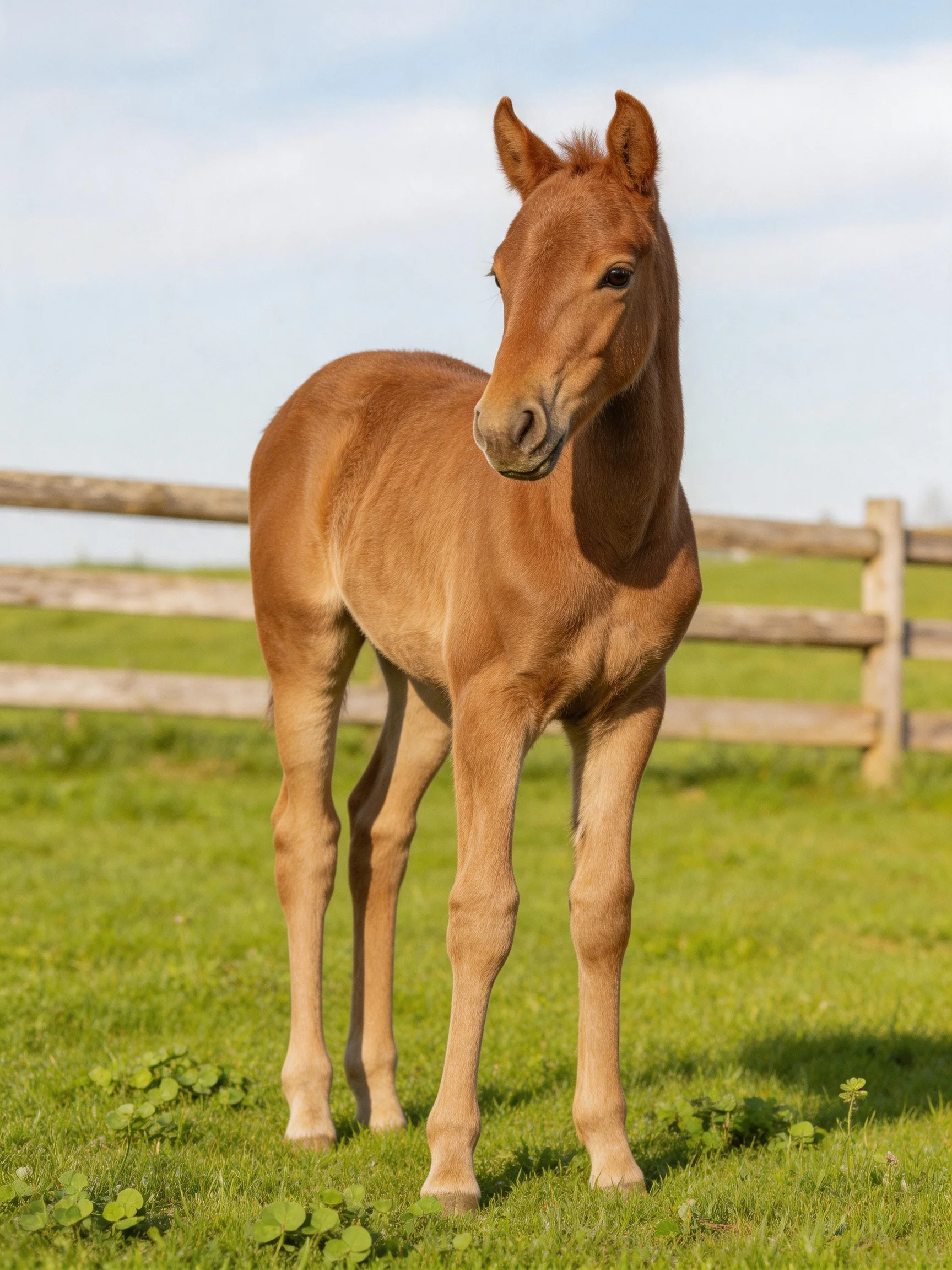 A young chestnut foal stands in a lush green pasture near a wooden fence