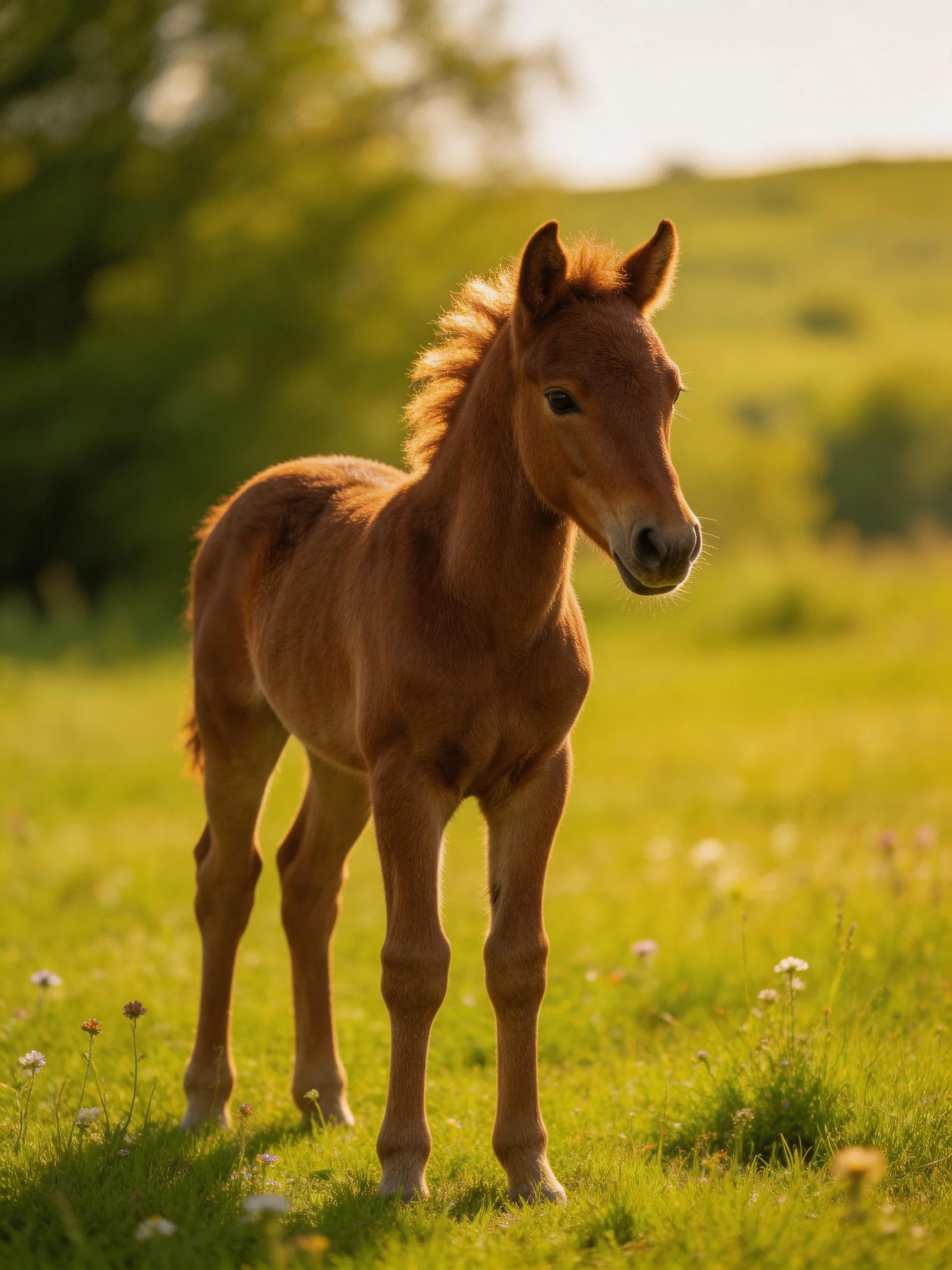 A young chestnut foal stands in a sun-drenched green pasture