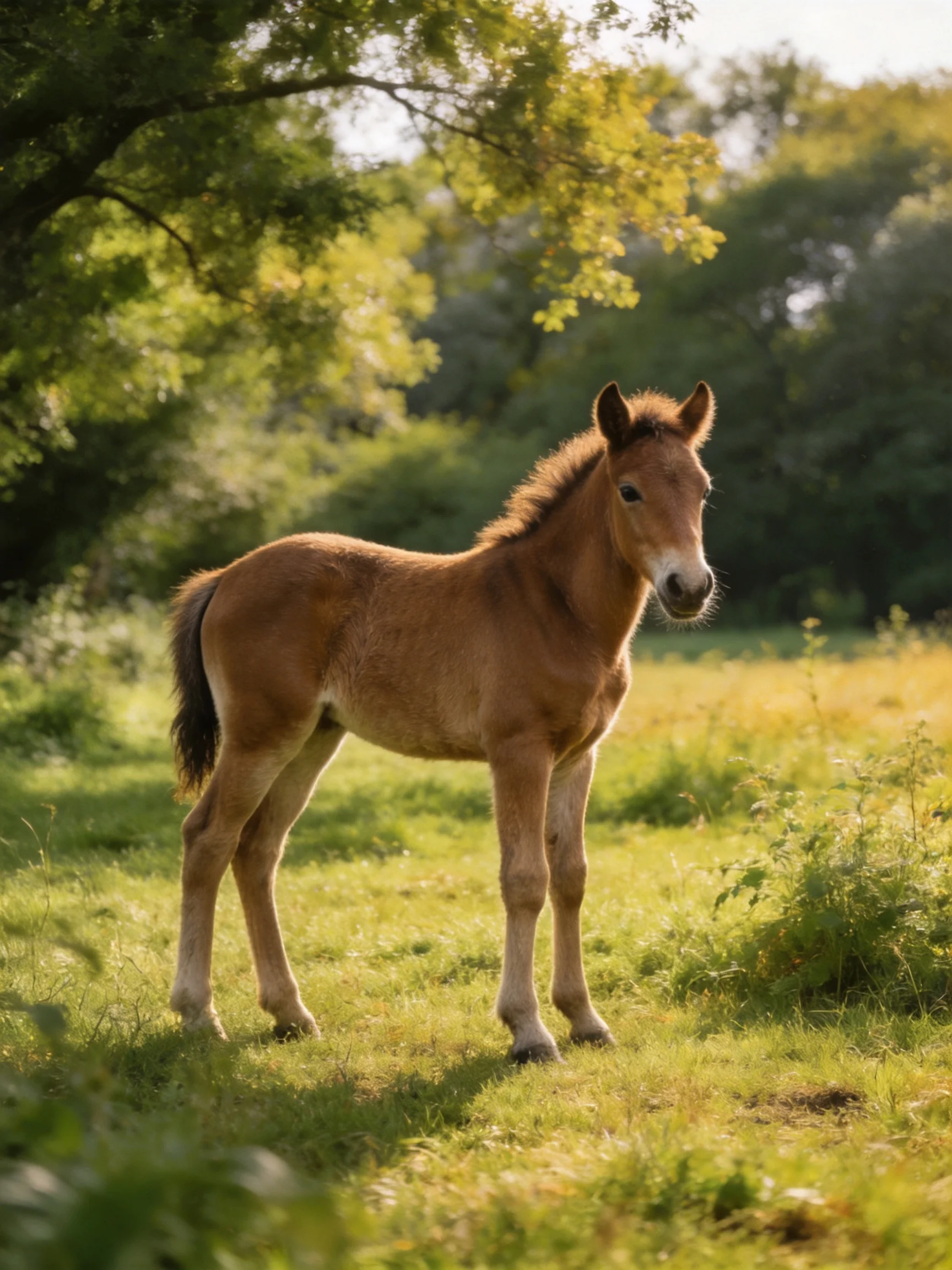 A young chestnut foal stands in a sunlit green meadow
