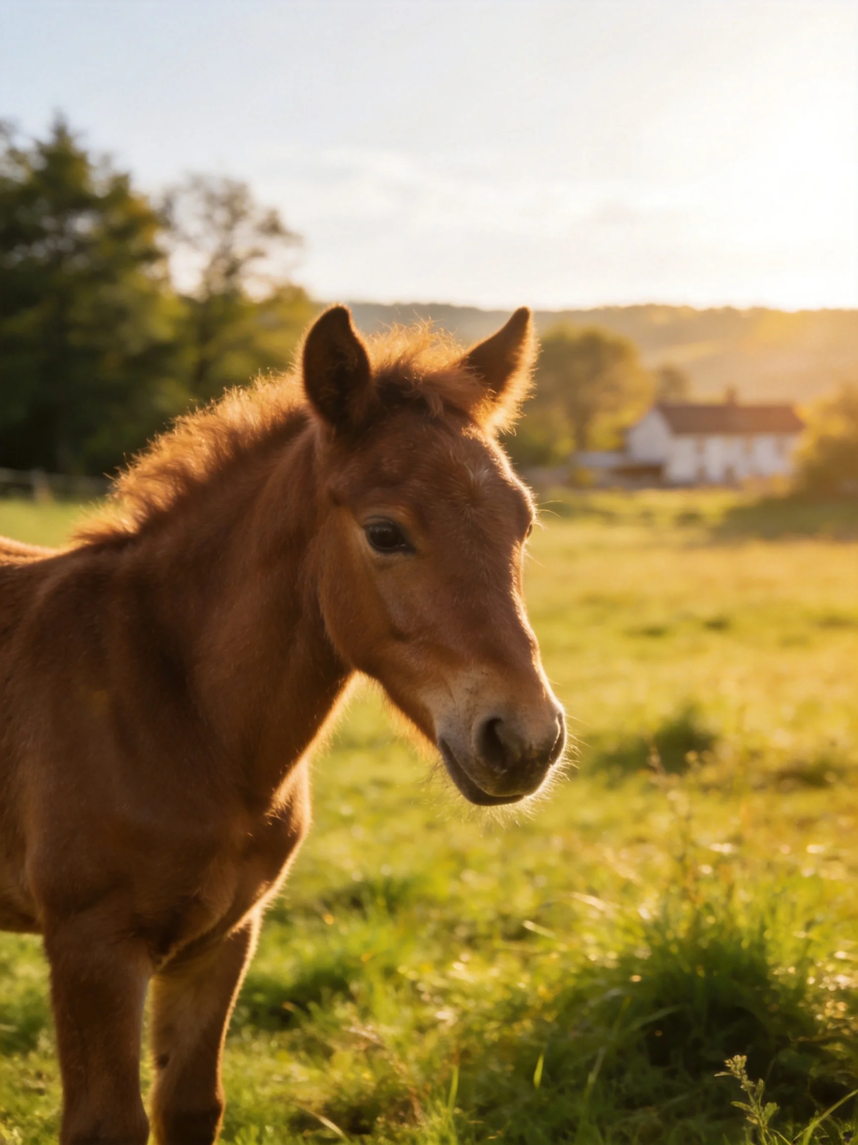 A young chestnut foal stands in a sunlit green pasture near a white farmhouse