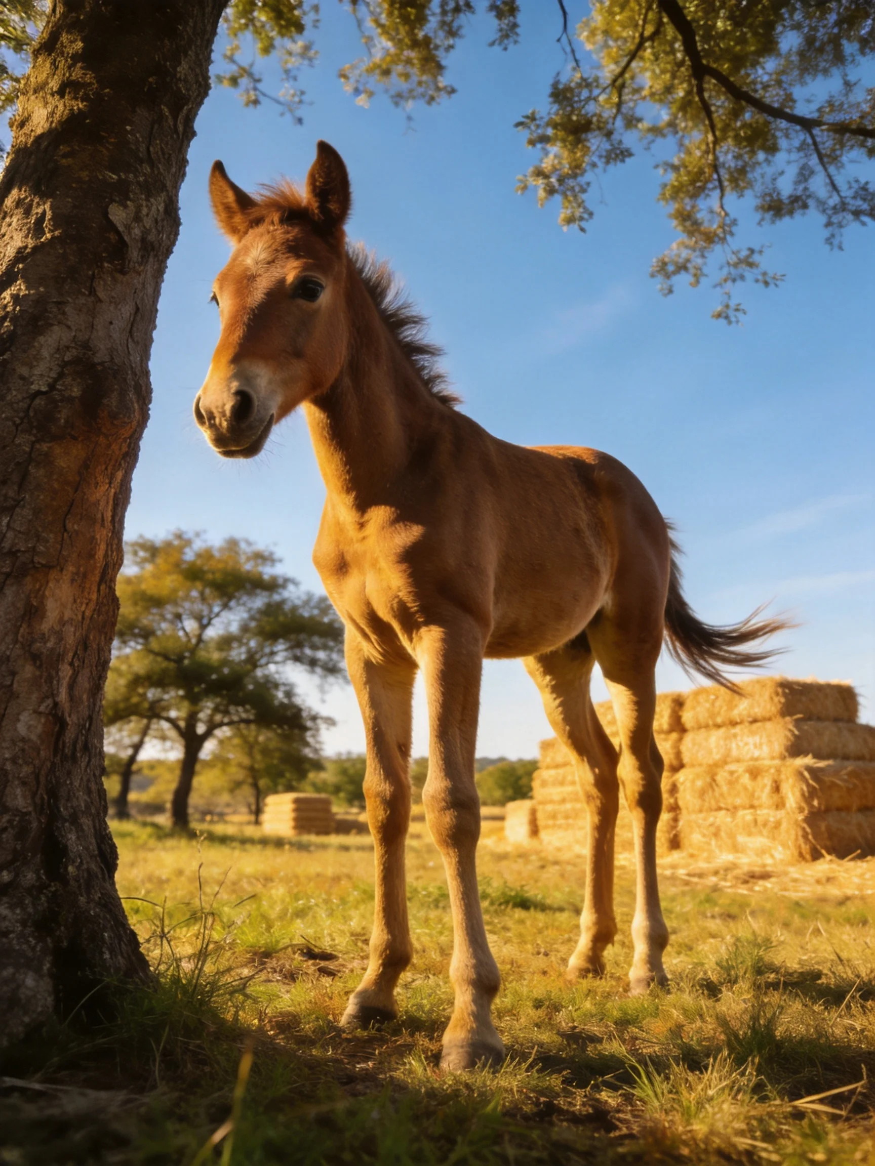 A young chestnut foal stands near a gnarled oak tree with stacked hay bales
