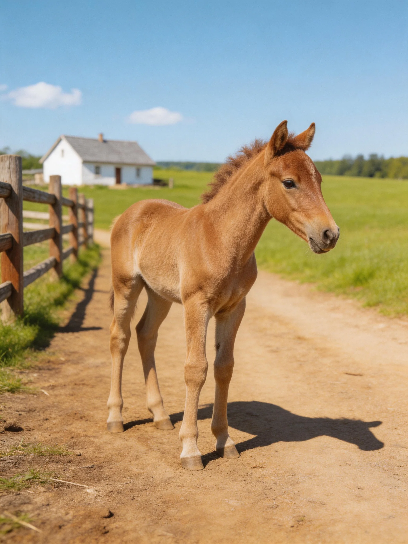 A young chestnut foal stands on a dirt path near a white farmhouse