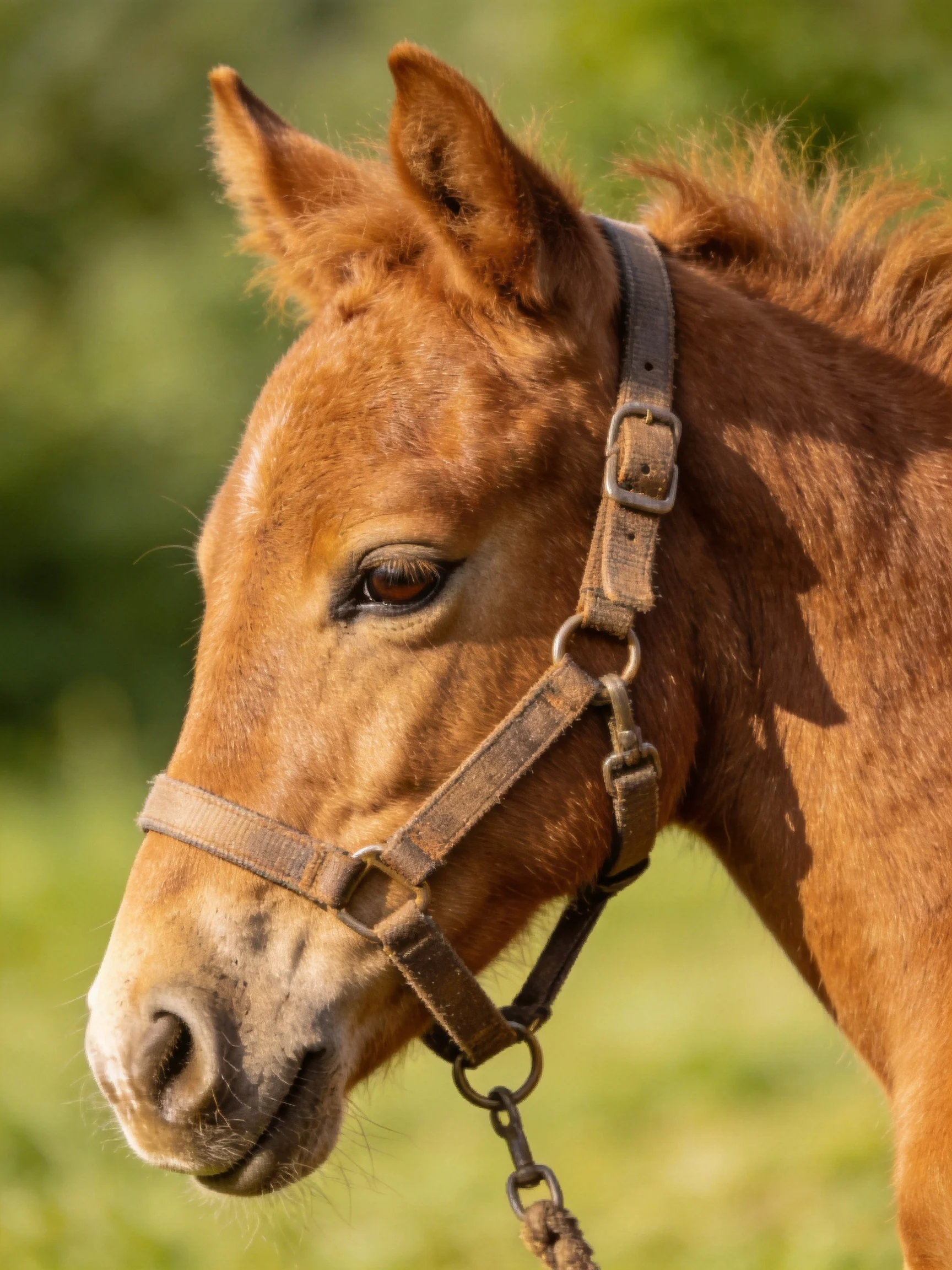 A young chestnut foal wearing a weathered halter in a green field