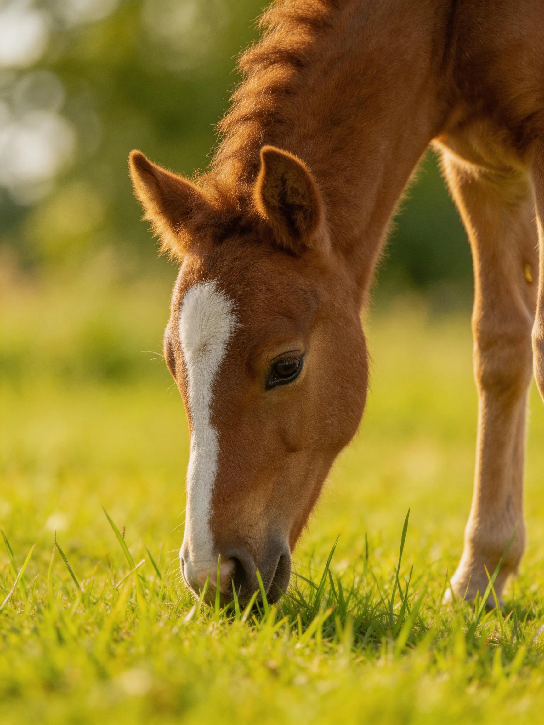 A young chestnut foal with a white blaze grazes in a sunlit meadow