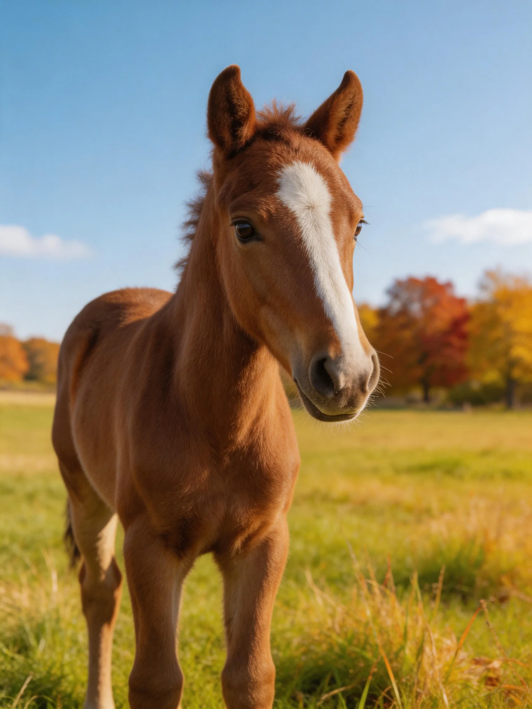 A young chestnut foal with a white blaze in a sunlit autumn meadow