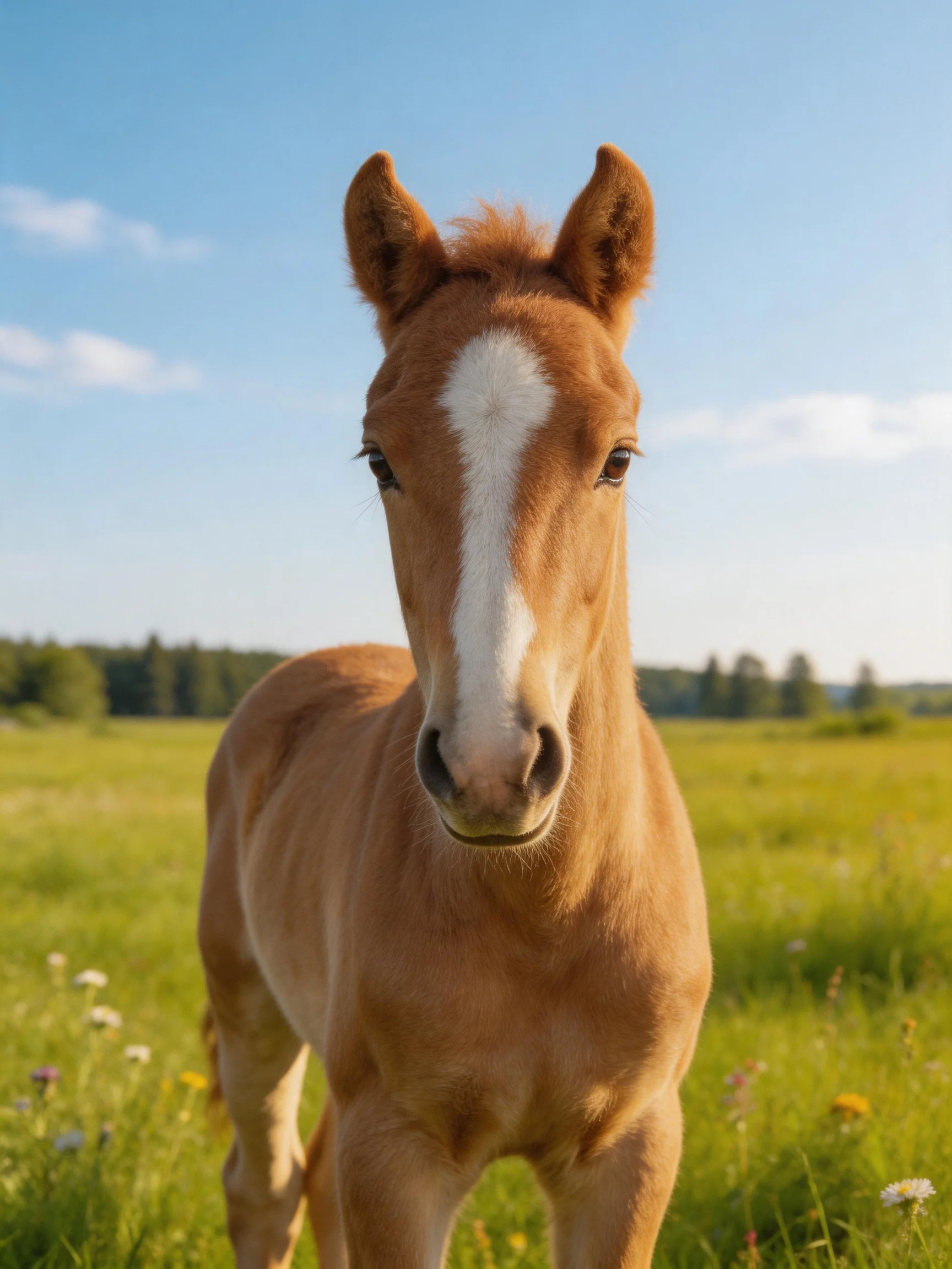 A young chestnut foal with a white blaze stands in a sunlit meadow.