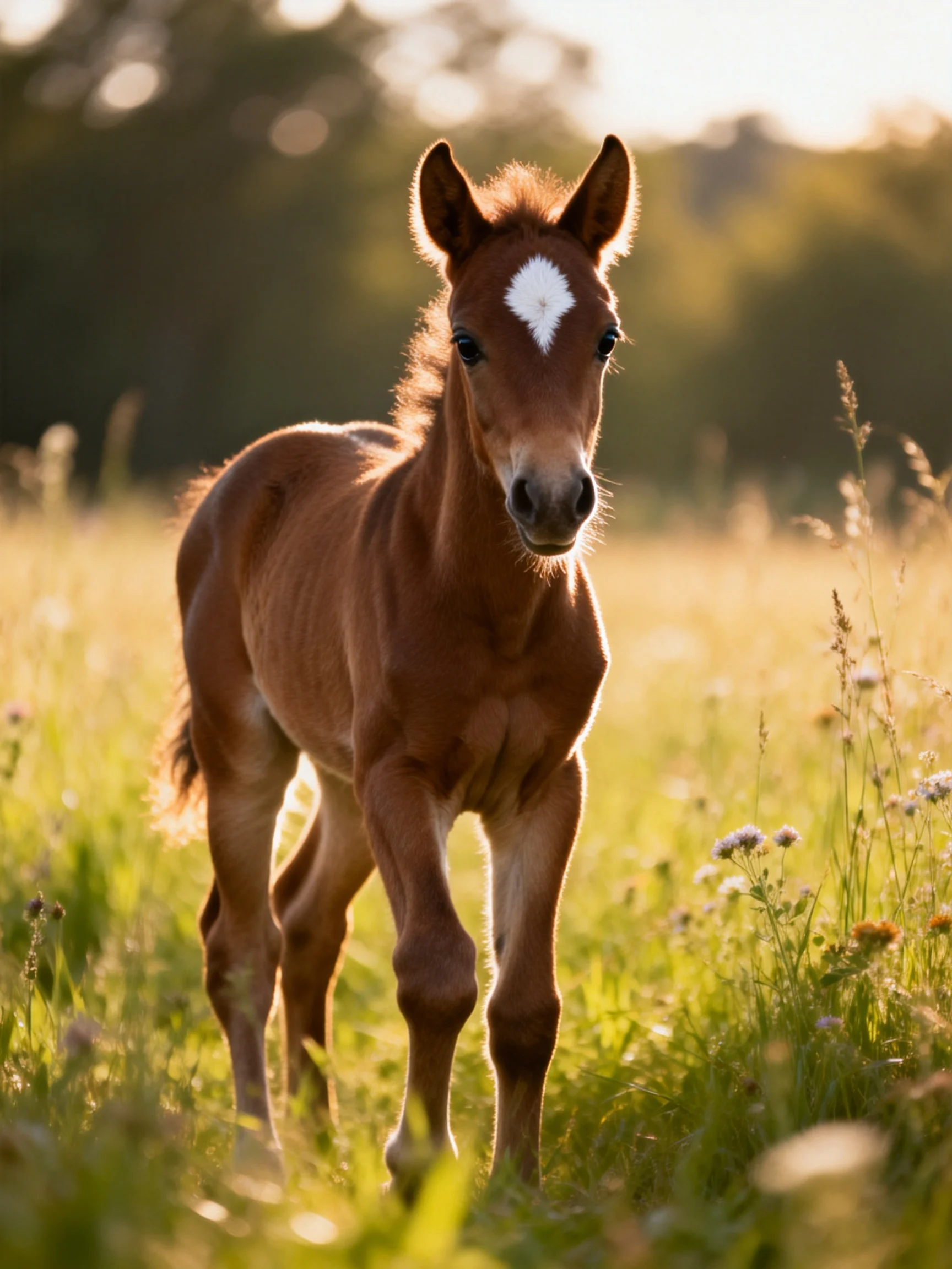 A young chestnut foal with a white blaze stands in a sunlit meadow.