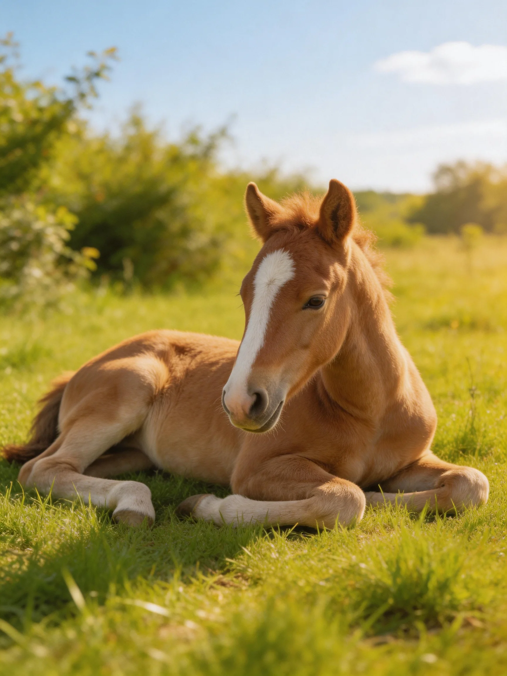A young chestnut foal with a white blaze rests on lush green grass in bright daylight