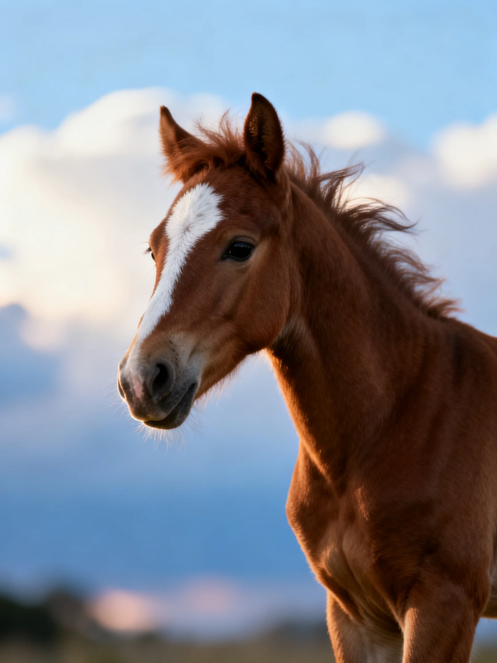 A young chestnut foal with a white blaze stands outdoors under a clear blue sky.