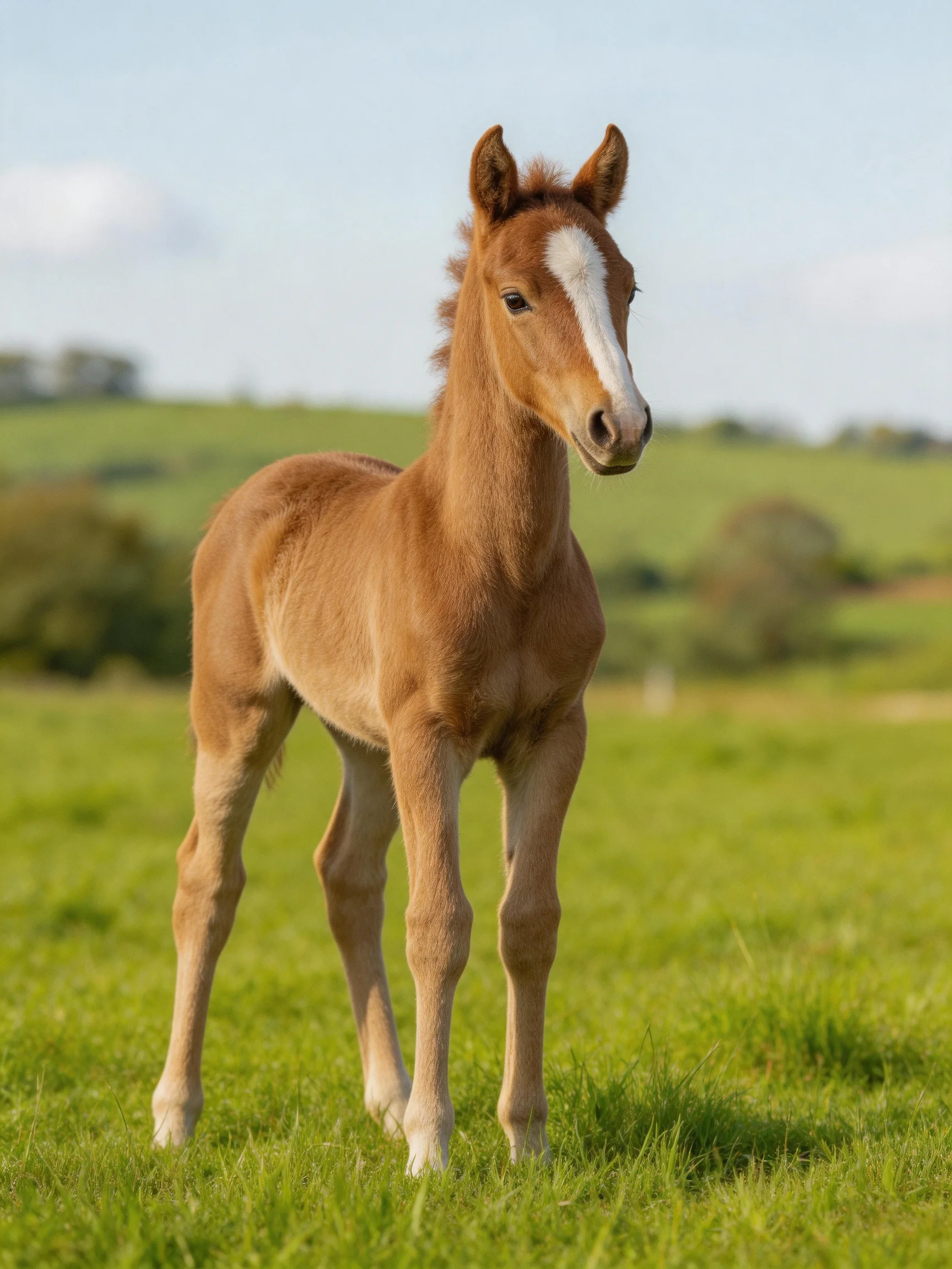 A young chestnut foal with a white blaze stands in a lush green pasture
