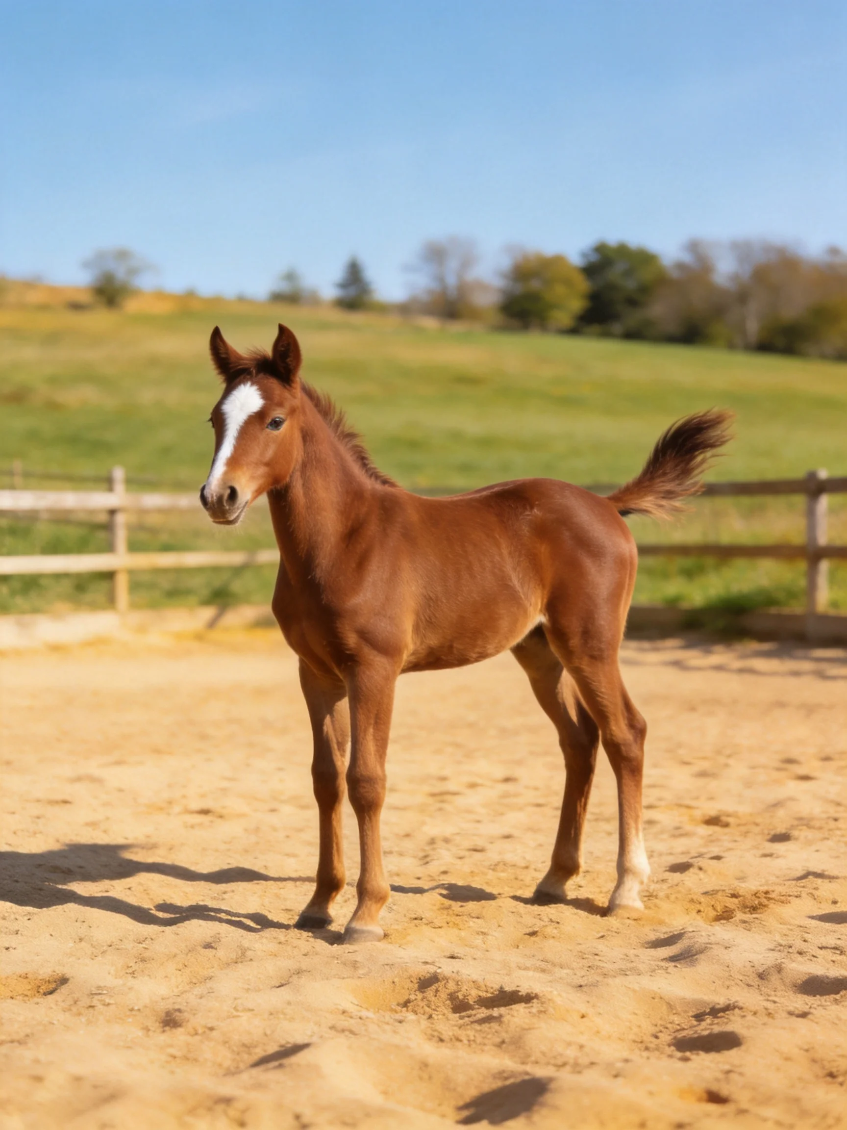 A young chestnut foal with a white blaze stands in a sandy enclosure