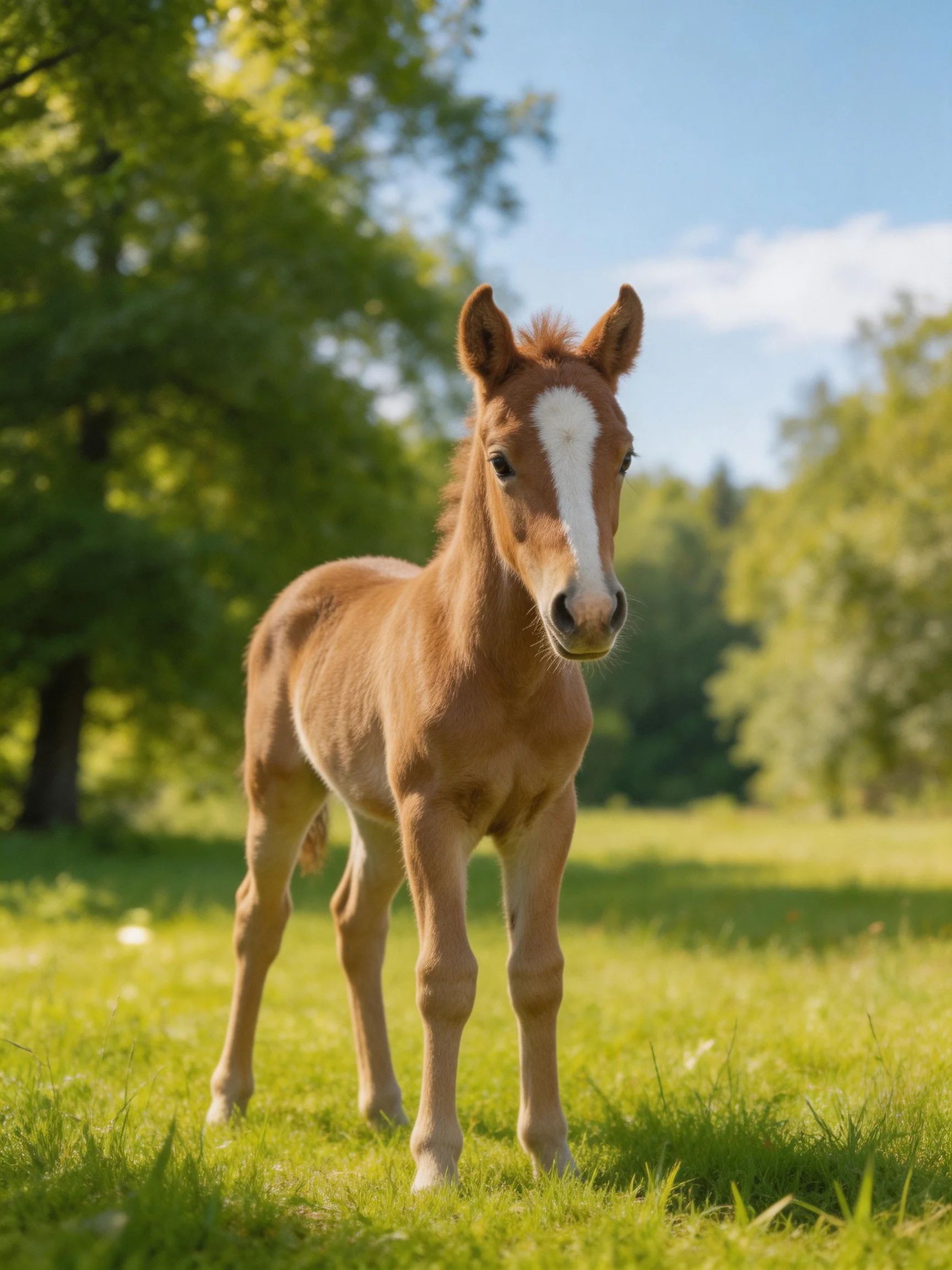 A young chestnut foal with a white blaze stands in a sunlit green meadow