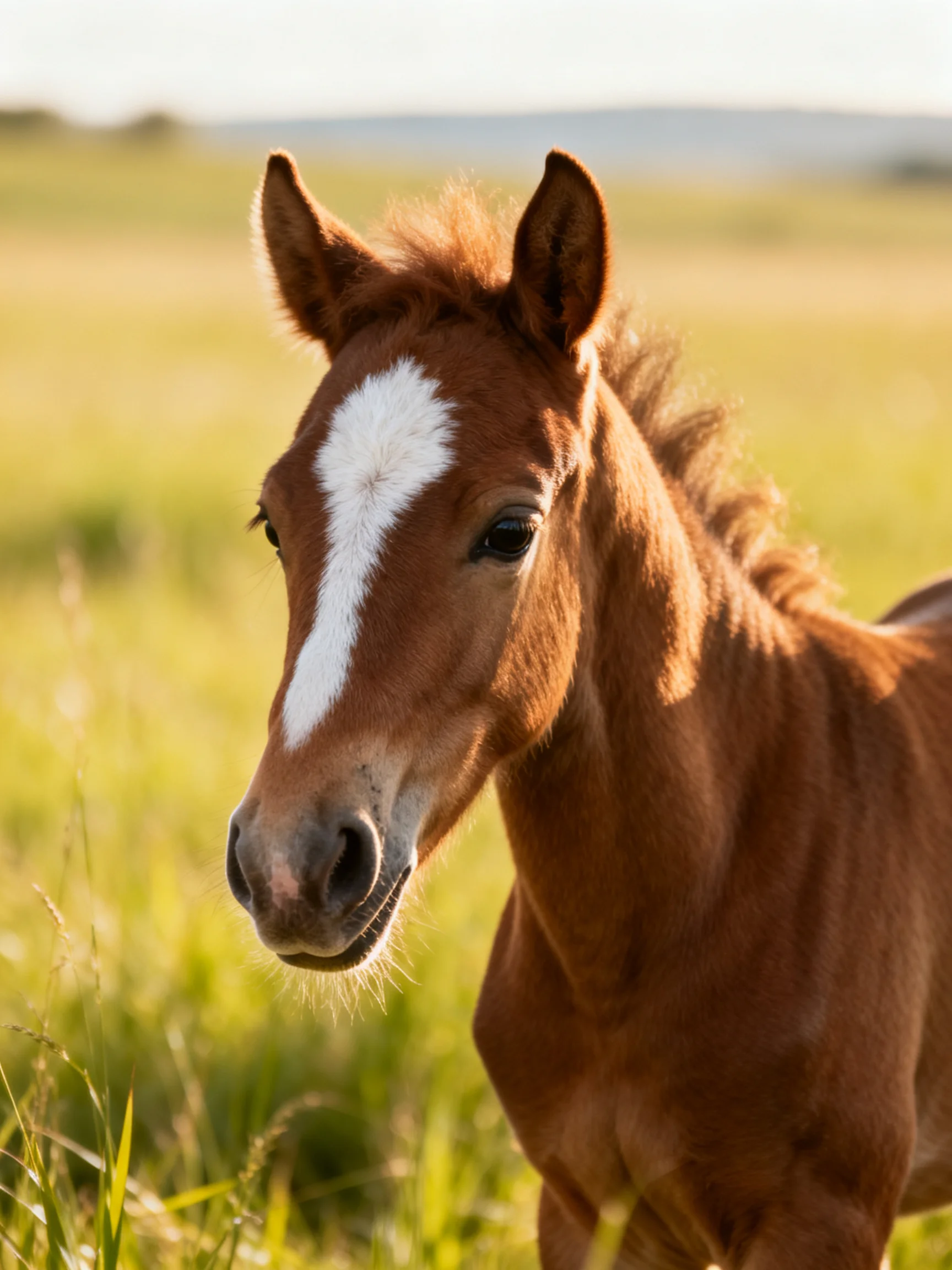 A young chestnut foal with a white blaze stands in a sunlit meadow