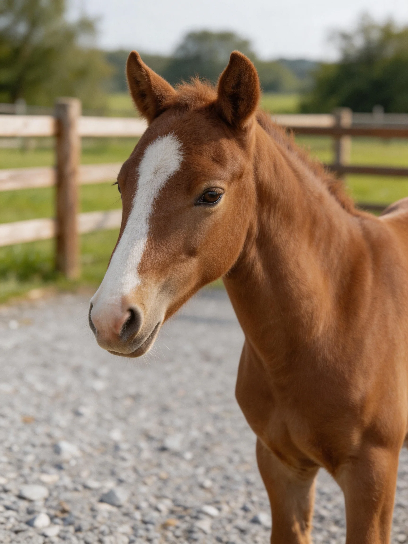 A young chestnut foal with a white blaze stands near a wooden fence