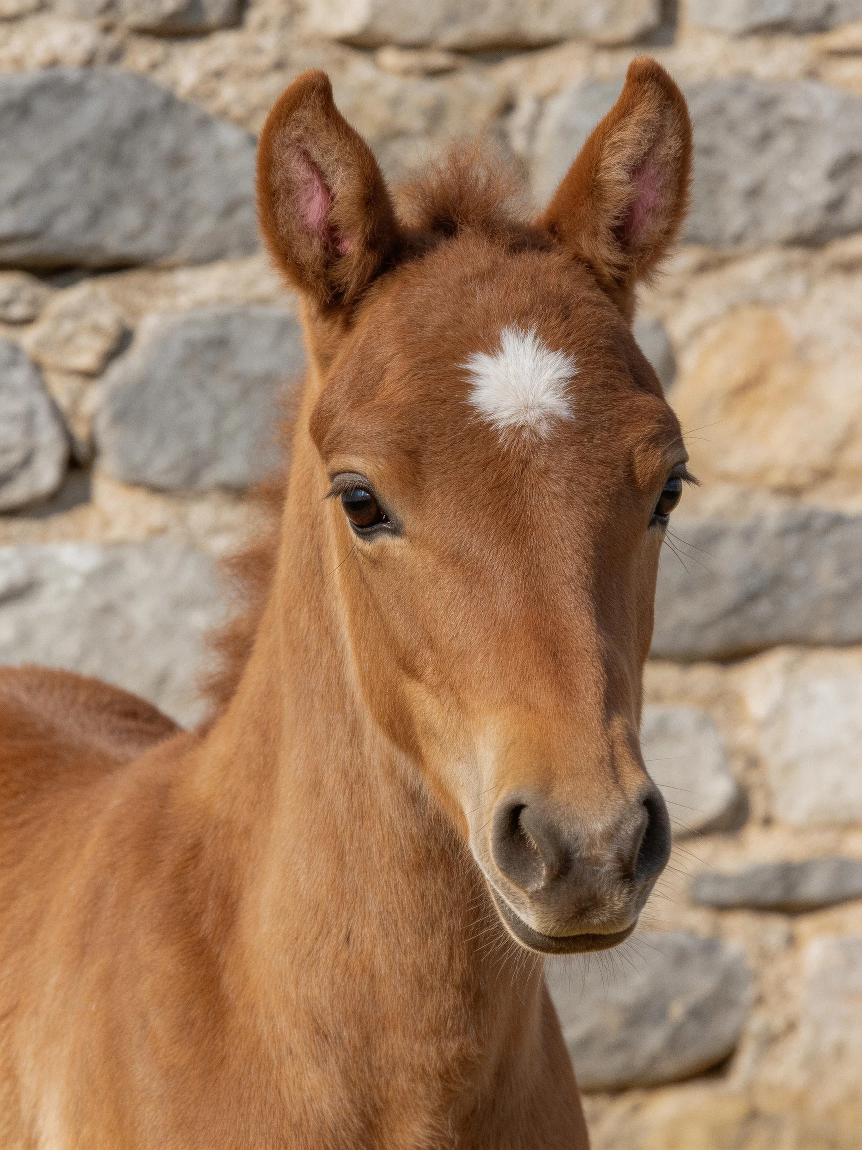 A young chestnut foal with a white forehead spot near a stone wall