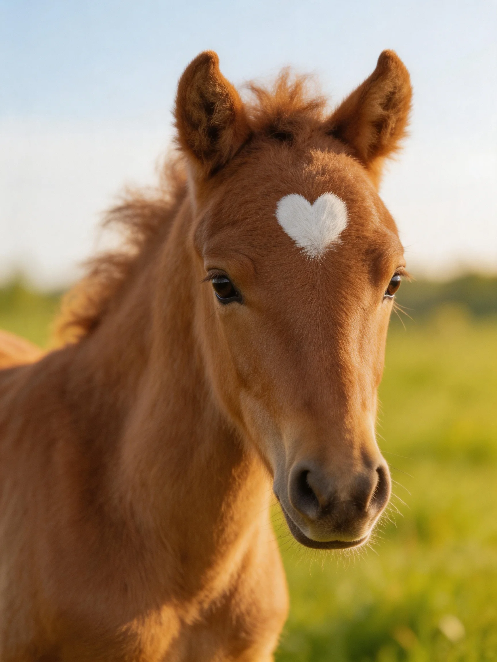 A young chestnut foal with a white heart marking on its forehead