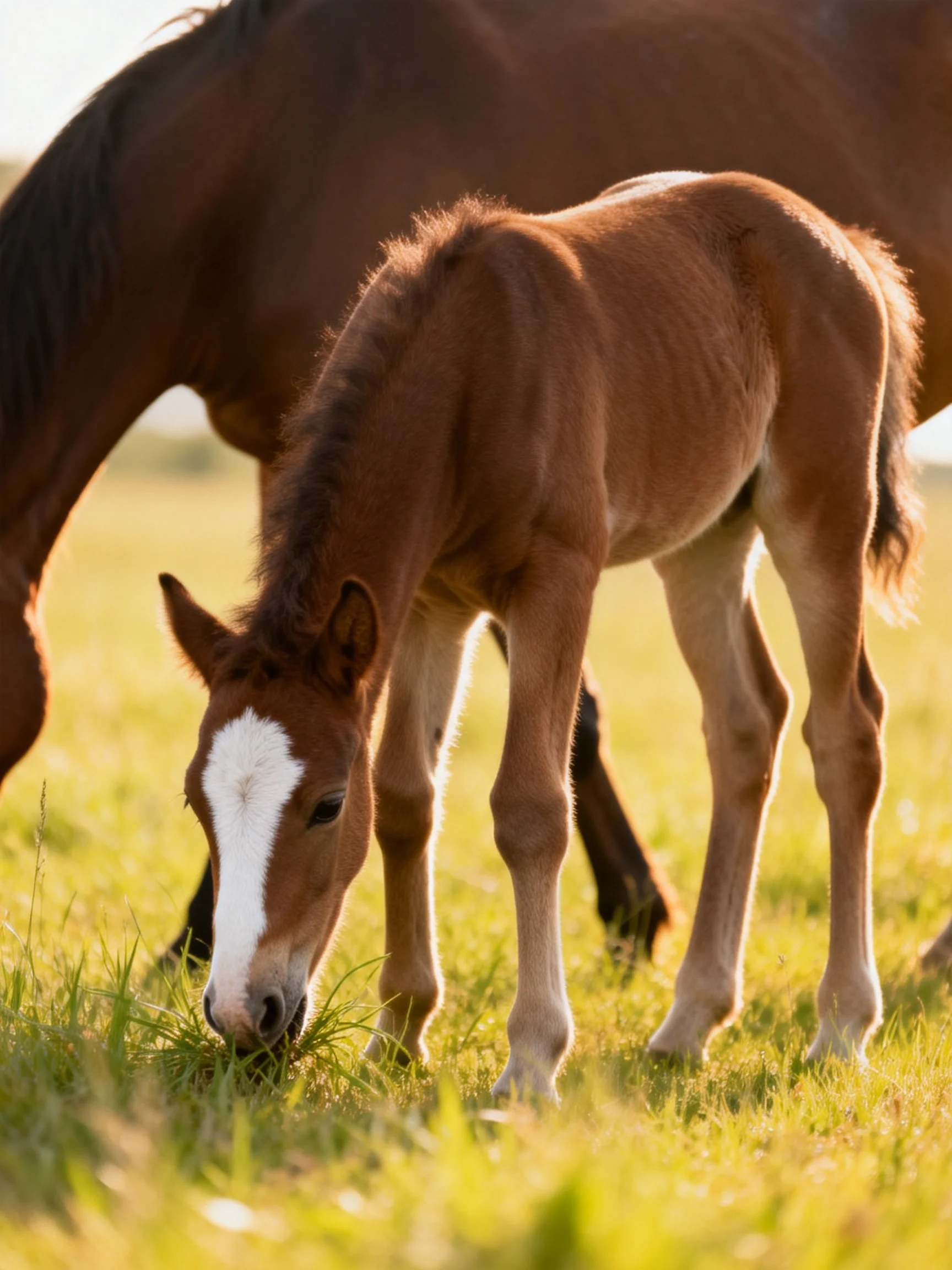 A young chestnut foal and larger brown horse graze together in a sunlit meadow.