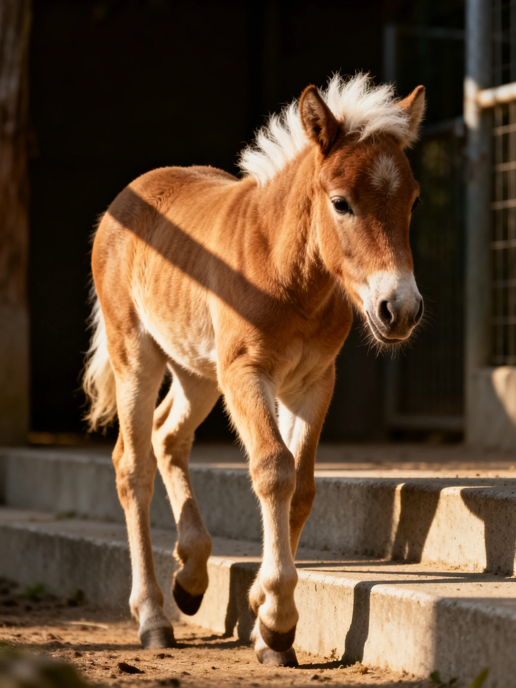 A young chestnut foal with white mane walking down concrete steps