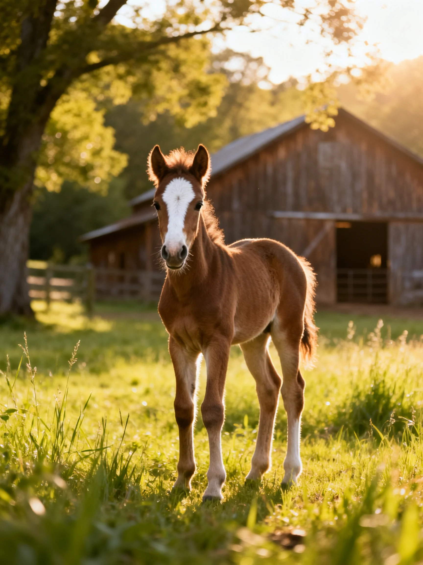 A young chestnut foal with white markings near an aged wooden barn in golden sunlight
