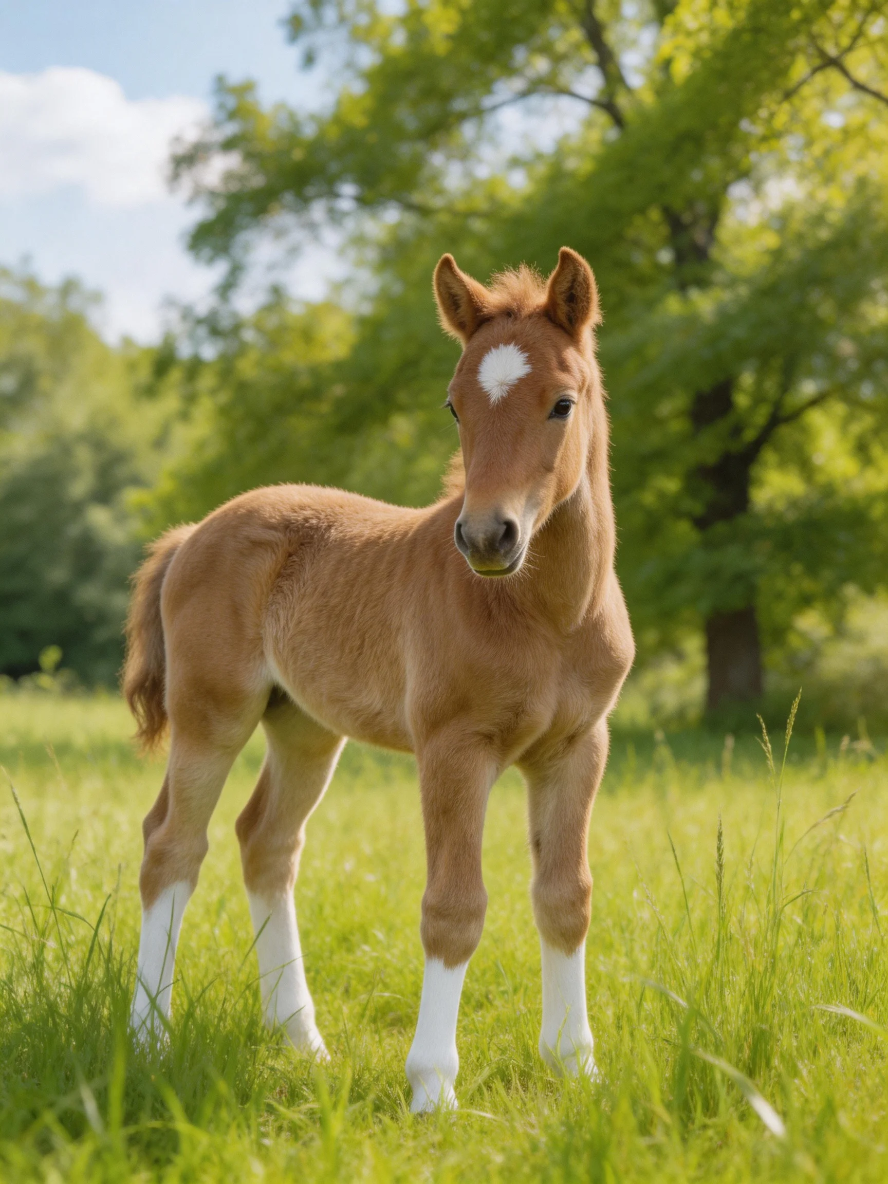 A young chestnut foal with white markings stands in a sunlit meadow